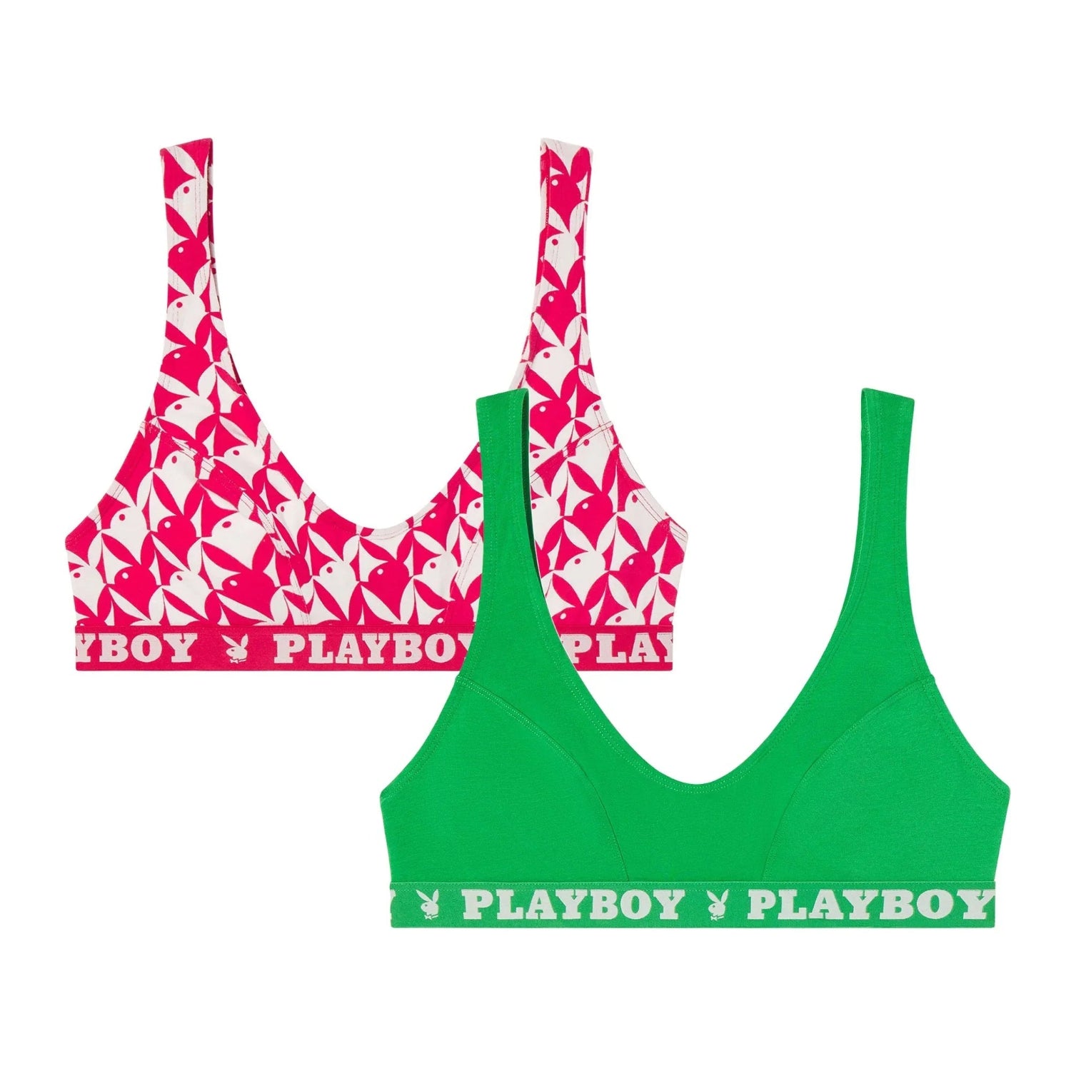 Two cotton scoop neck bras, one green, one pink with white bunny pattern, PLAYBOY logo band
