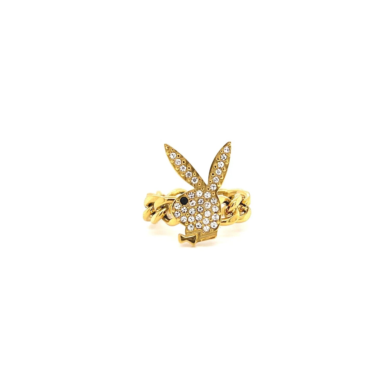 Gold chain ring with crystal-studded bunny face charm on a white background