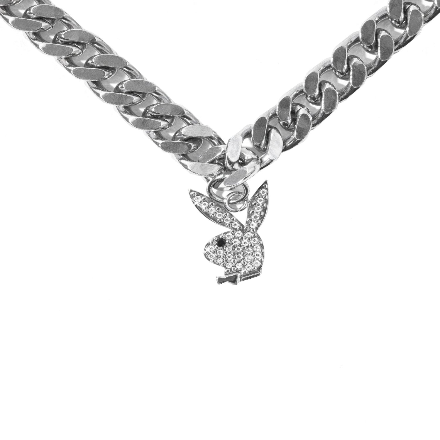 Silver chain choker with crystal-studded rabbit head pendant on white background