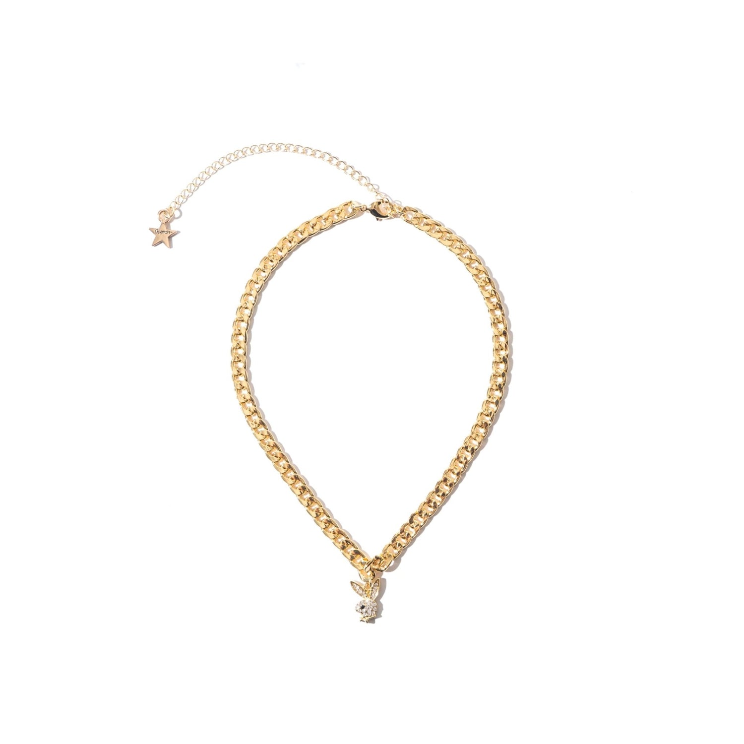 Gold chain choker with rabbit head pendant and star charm on white background