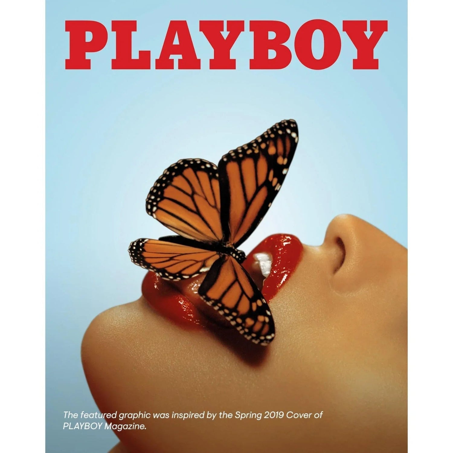 Close-up of glossy red lips with monarch butterfly, bold red text above.