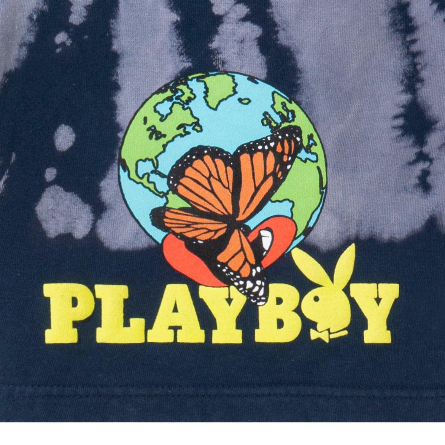 Tie-dye fabric with Earth, orange butterfly, and yellow PLAYBOY logo graphic print.