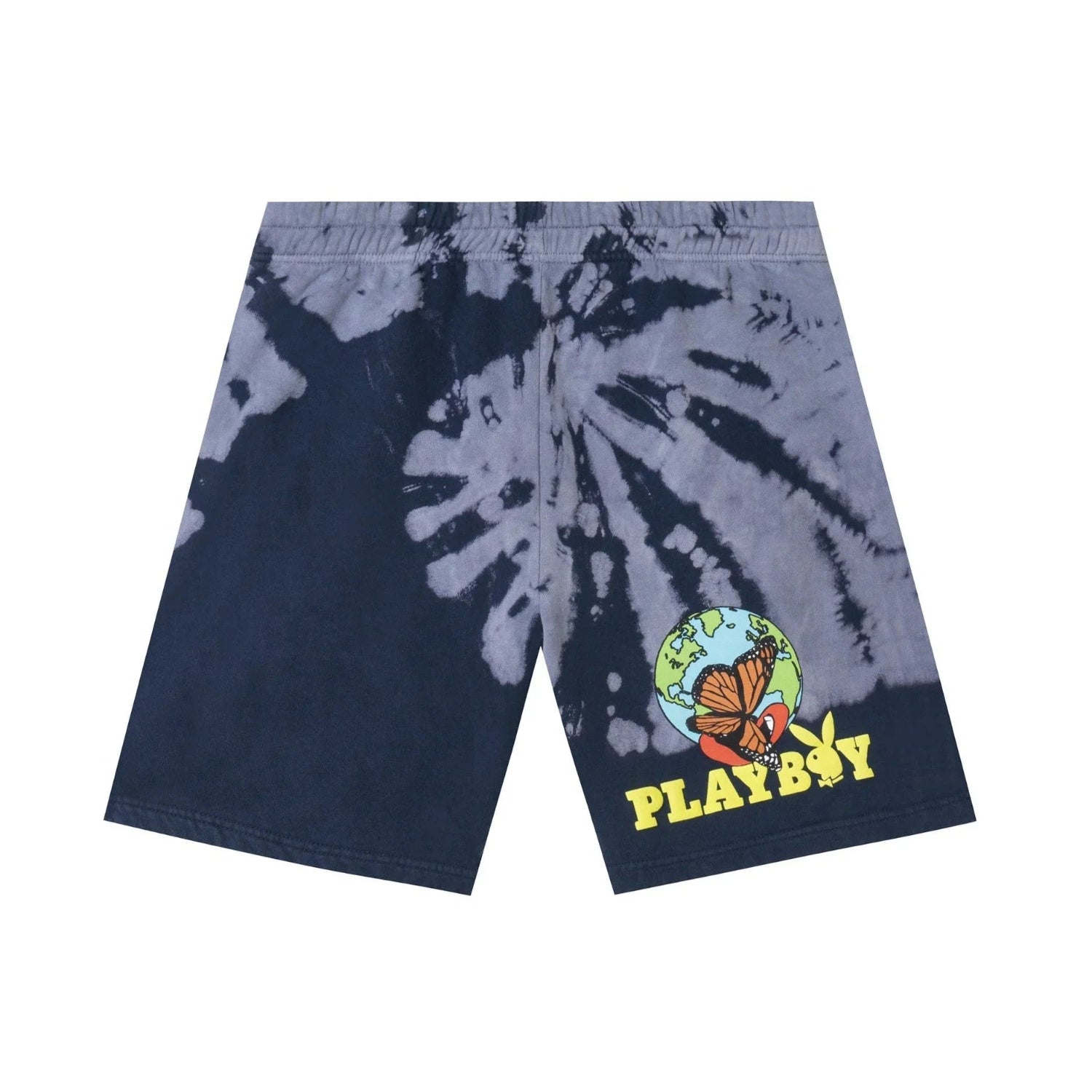 Navy tie-dye sweatshorts with earth, butterfly, and bold PLAYBOY graphic on the leg.