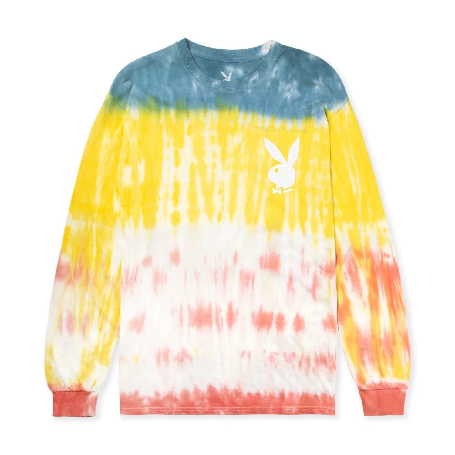 Tie-dye long sleeve t-shirt with multicolor yellow, blue, and red pattern and white bunny logo