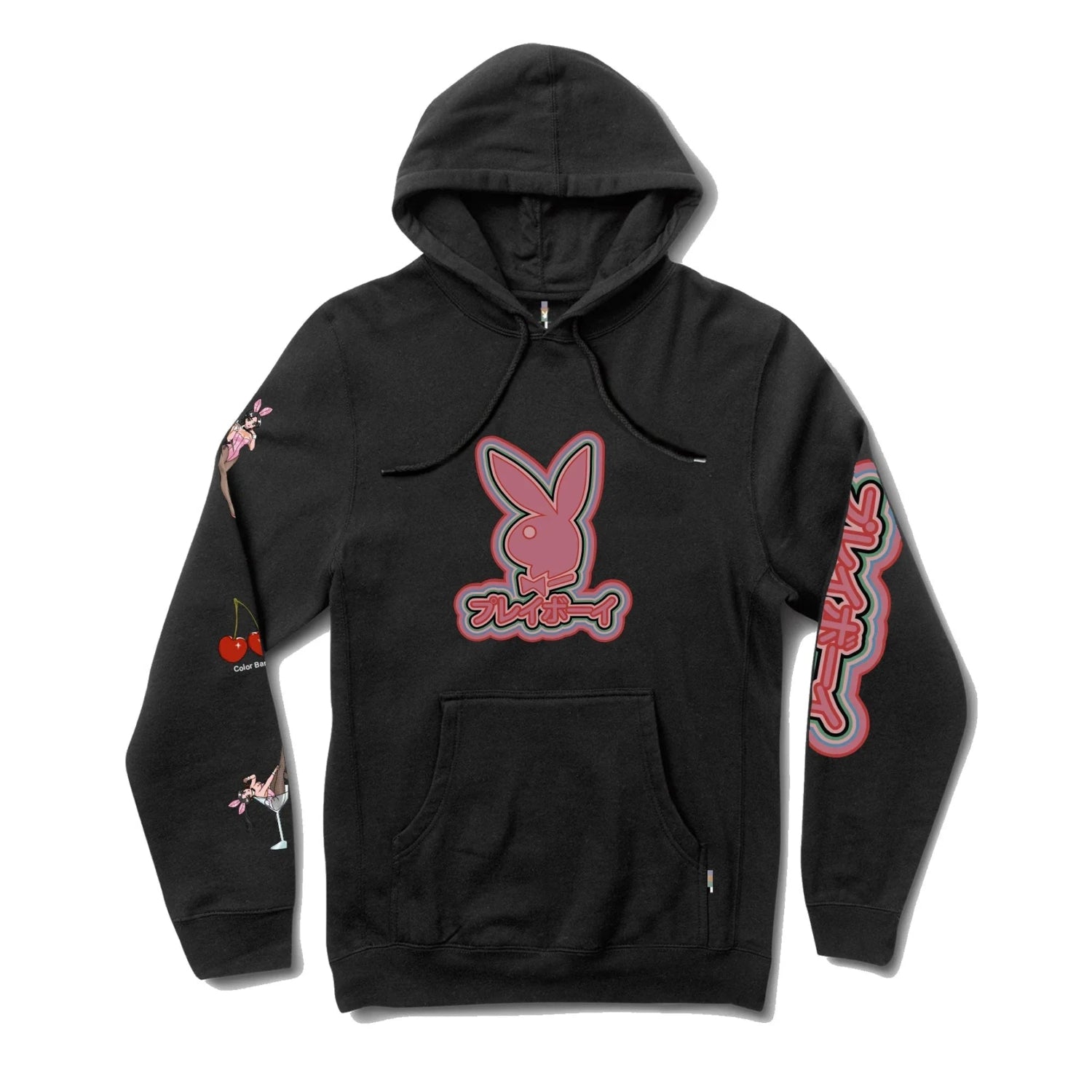 Black hoodie with pink bunny graphic, Japanese text, and cherry cocktail sleeve design