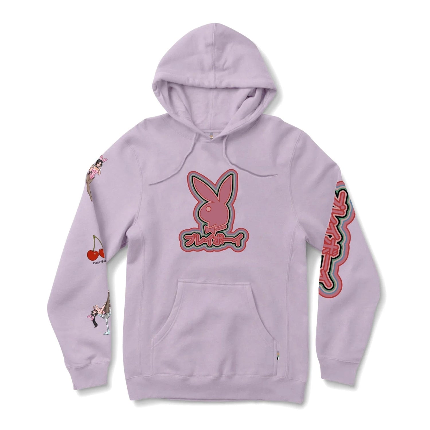 Lilac hoodie with graphic bunny logo, Japanese text, and cartoon designs on sleeves and chest.