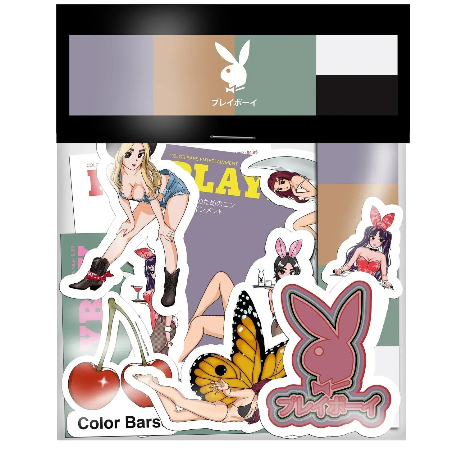 Tokyo Club 30 sticker pack with anime pin-up girls, bunny logo, butterfly, and cherry graphics.