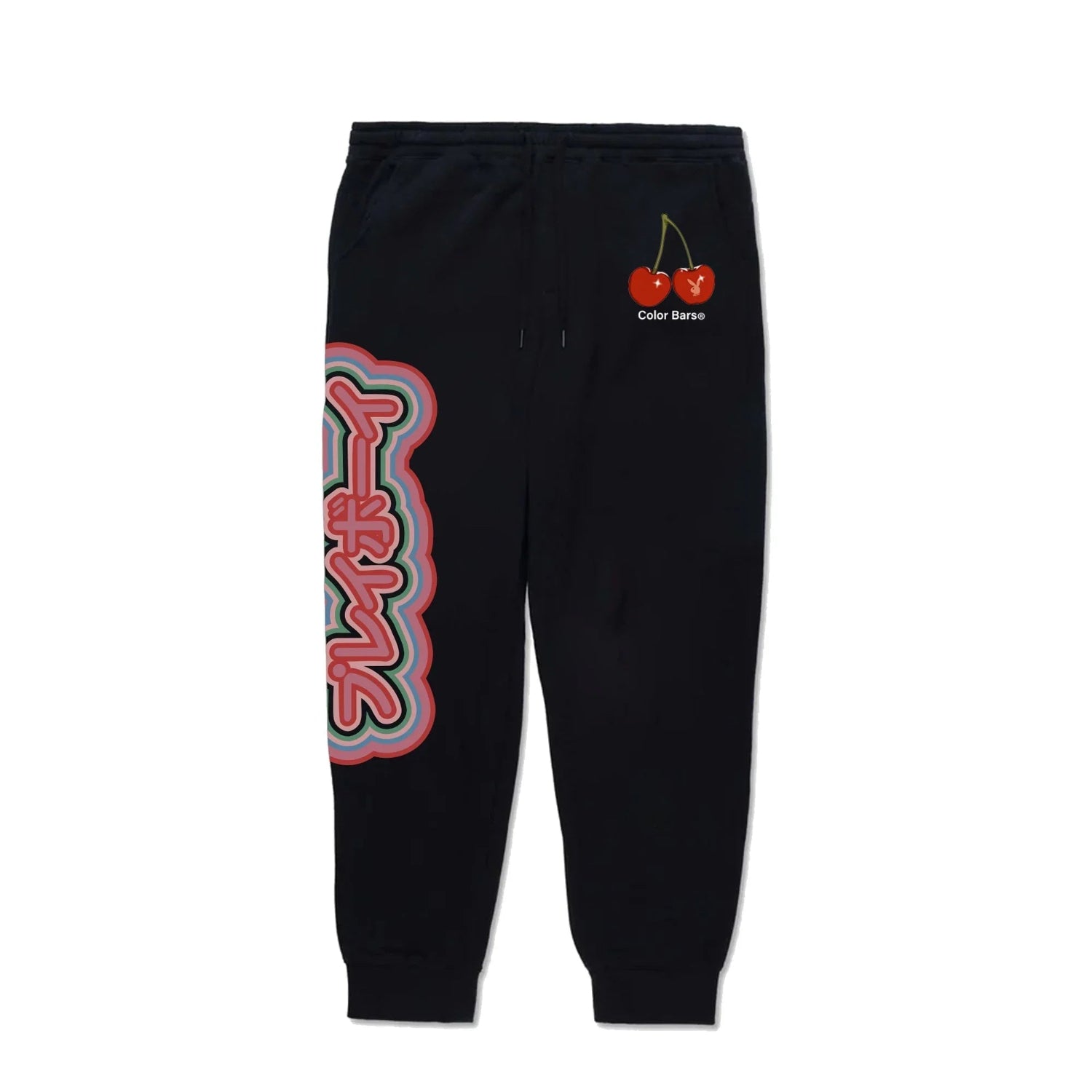 Black sweatpants with colorful Tokyo-style side graphic and cherry logo on the hip