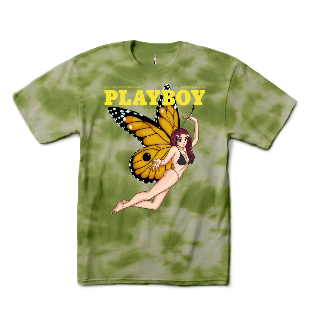 Green tie-dye t-shirt with anime butterfly girl graphic and bold PLAYBOY text on front.