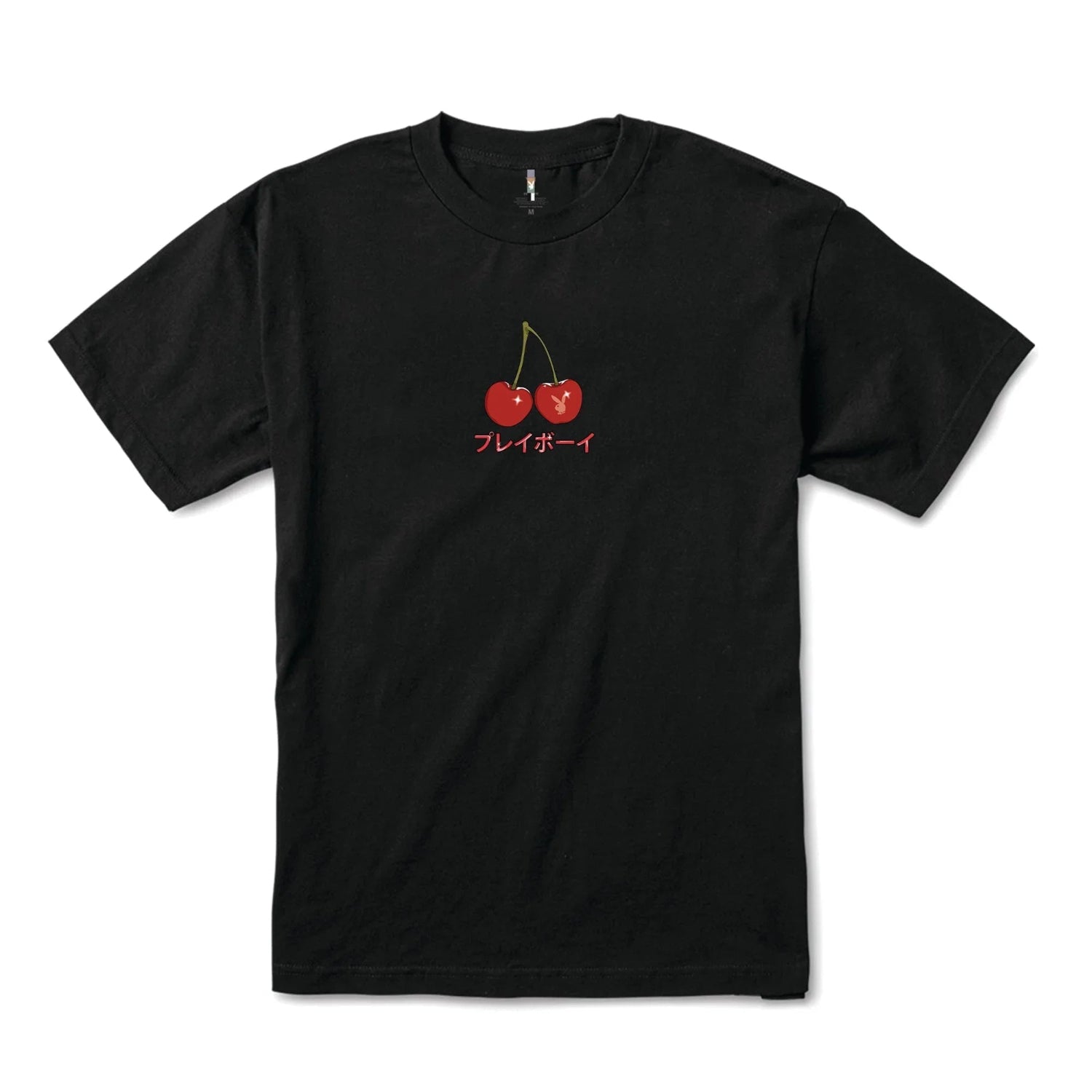 Black t-shirt with two red cherries and Japanese text, one cherry has a bunny logo.