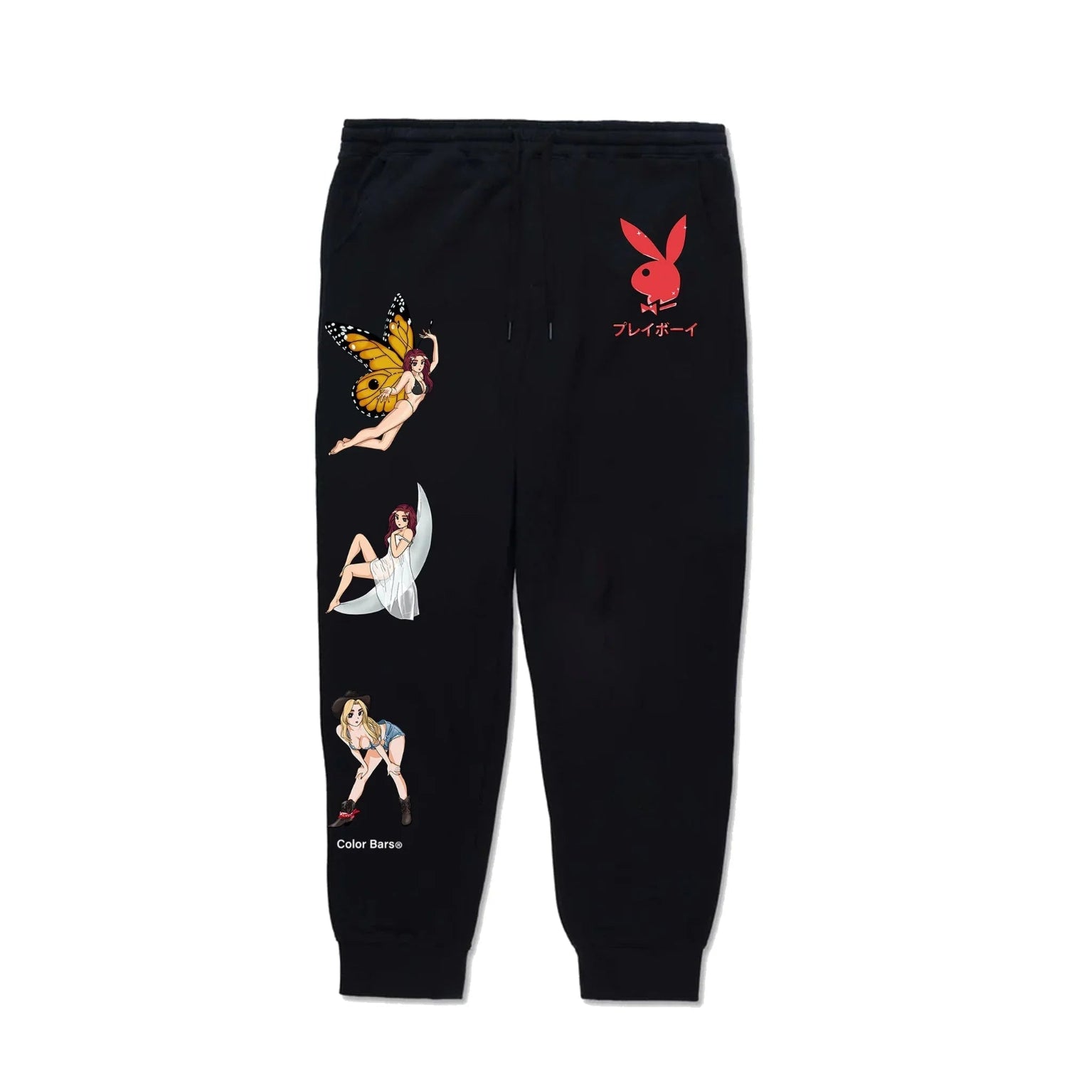 Black sweatpants with anime-style pinup girl graphics, red rabbit logo, and Japanese text