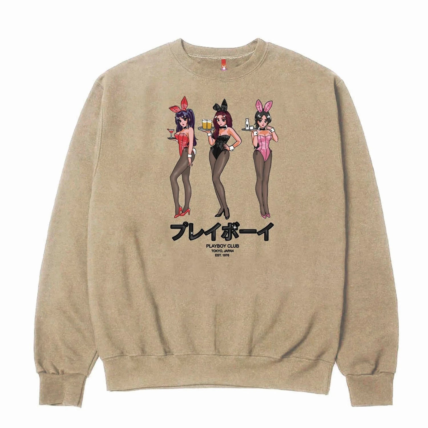 Beige crewneck sweatshirt with anime-style bunny girls and Japanese text graphic.