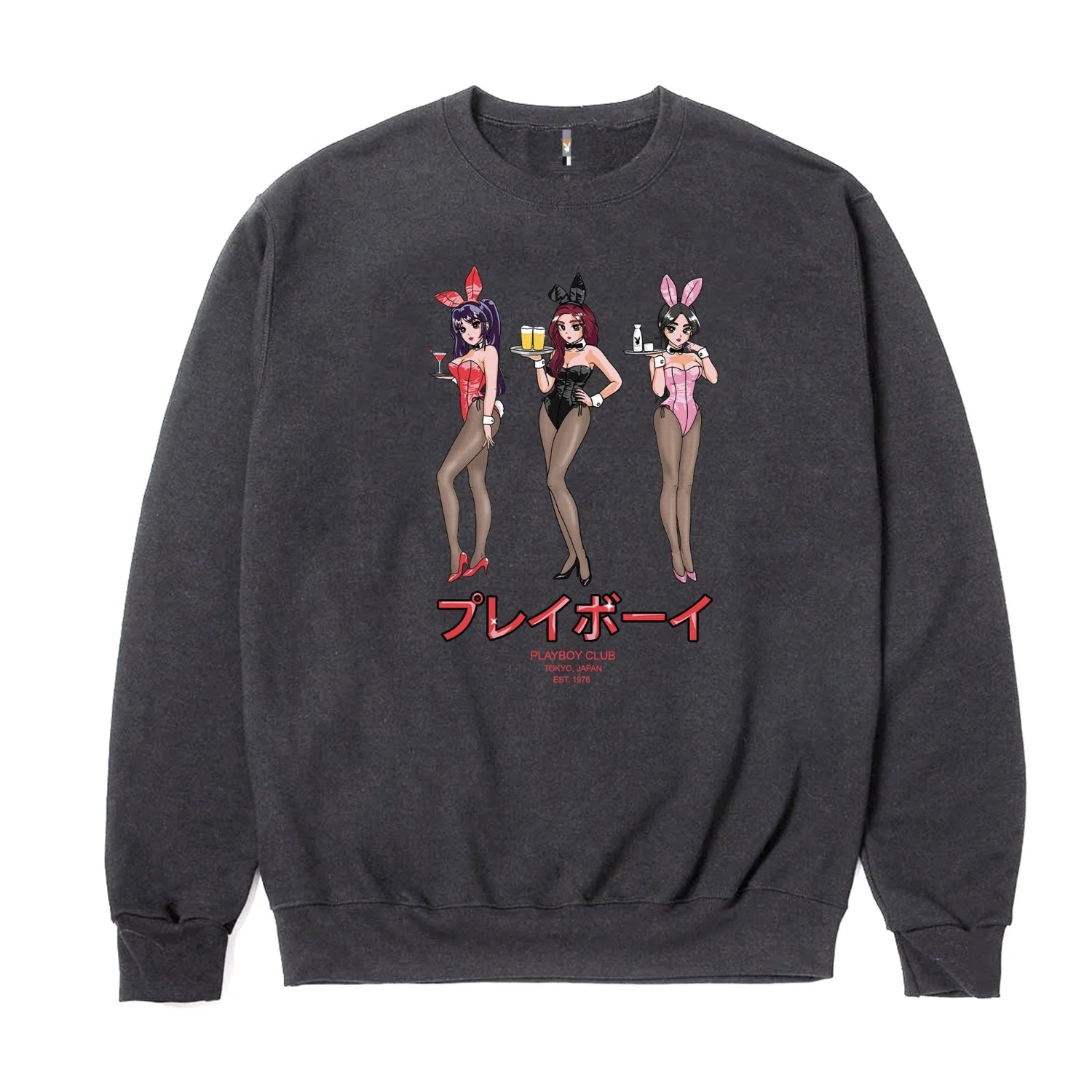 Charcoal crewneck sweatshirt featuring anime-style bunny girls and Tokyo Club Happy Hour graphic