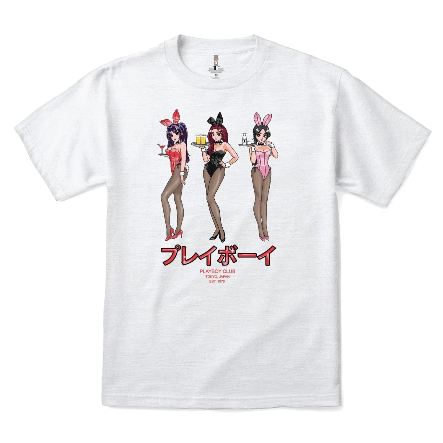 White T-shirt with anime-style bunny girls, Tokyo Club graphic, Japanese text, and drinks.
