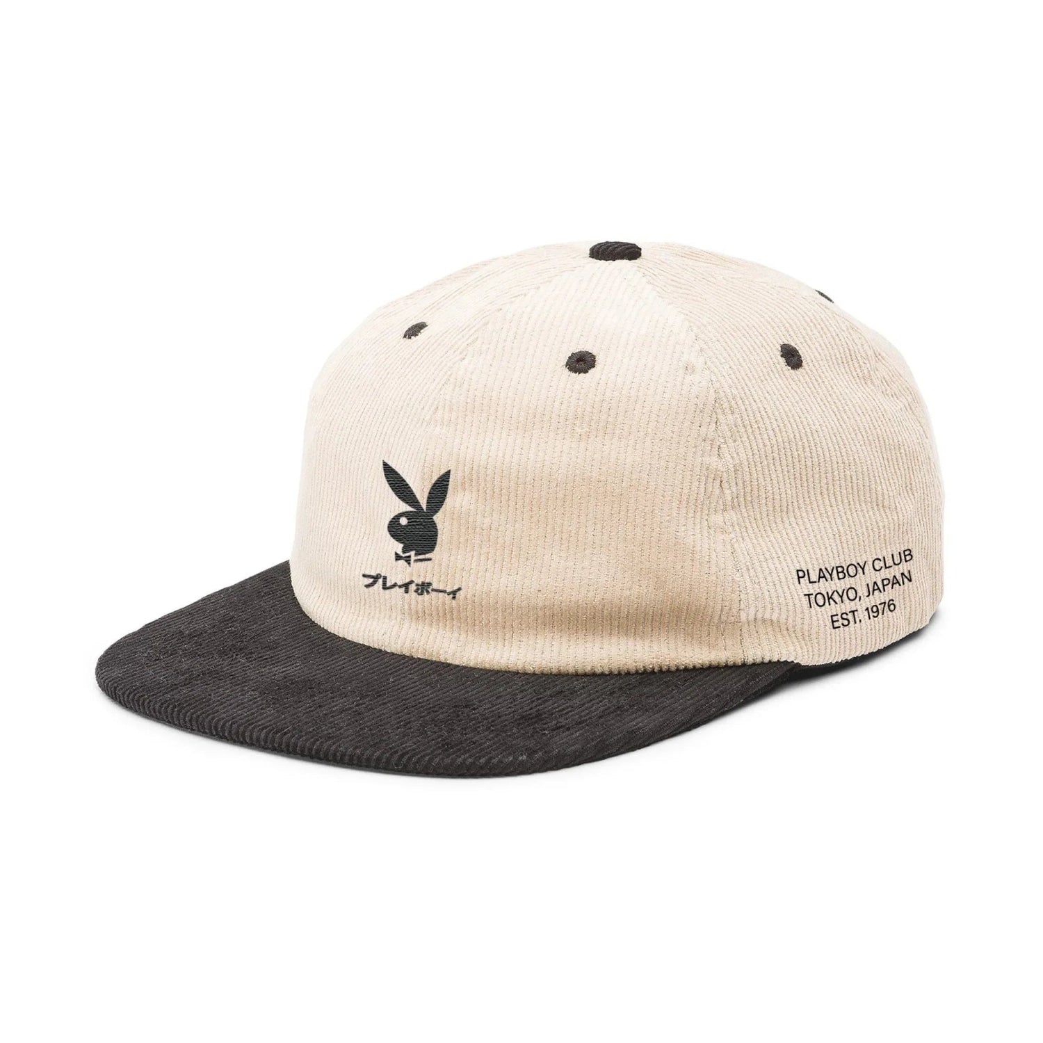 Khaki corduroy strapback cap with black brim, rabbit head logo, and Tokyo Club embroidery