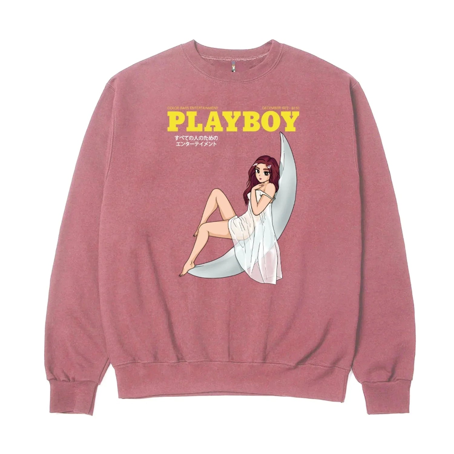 Pink crewneck sweatshirt with anime-style woman sitting on crescent moon and bold text graphic