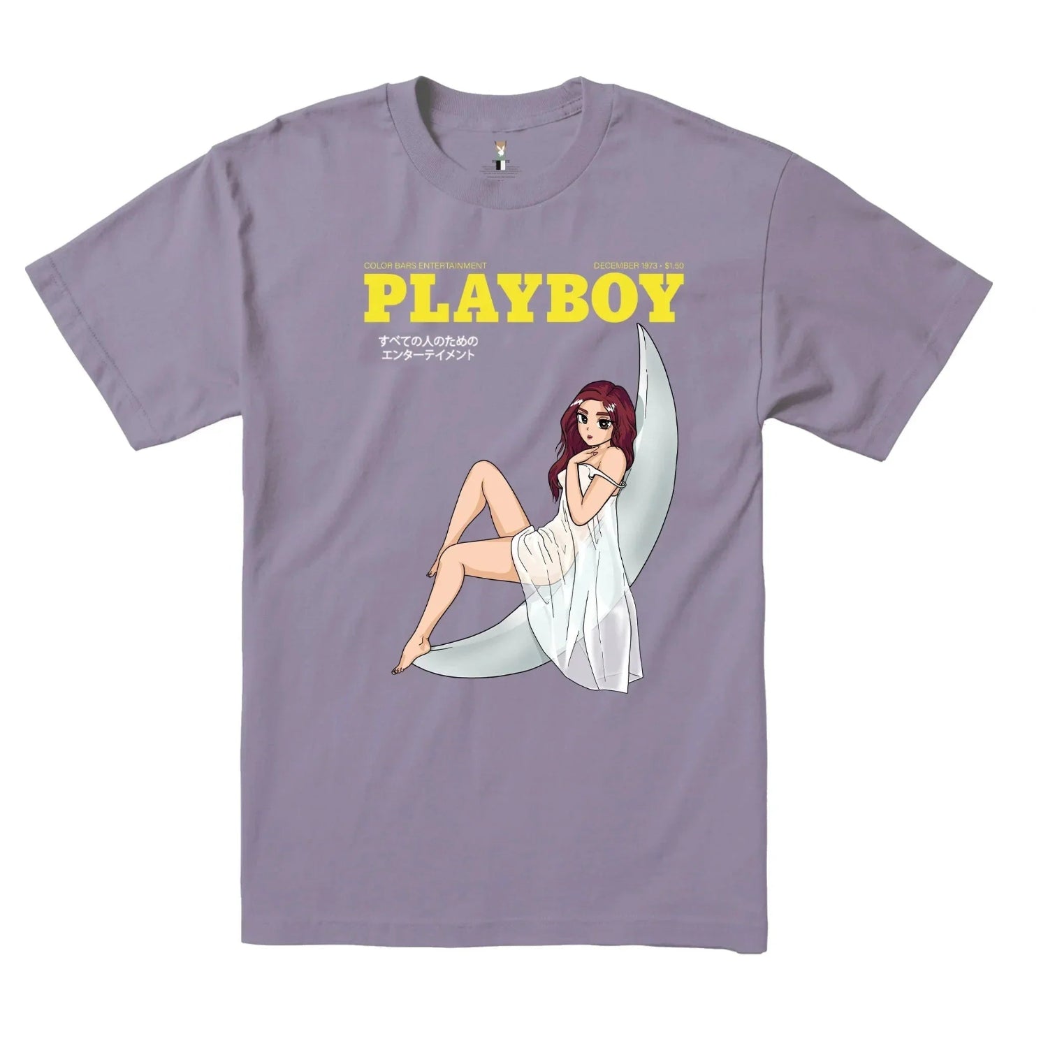Lilac t-shirt with anime-style girl sitting on a moon and yellow PLAYBOY text graphic.
