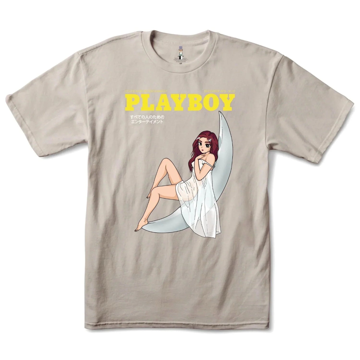 Beige t-shirt featuring anime-style woman sitting on a crescent moon, bold yellow text above.