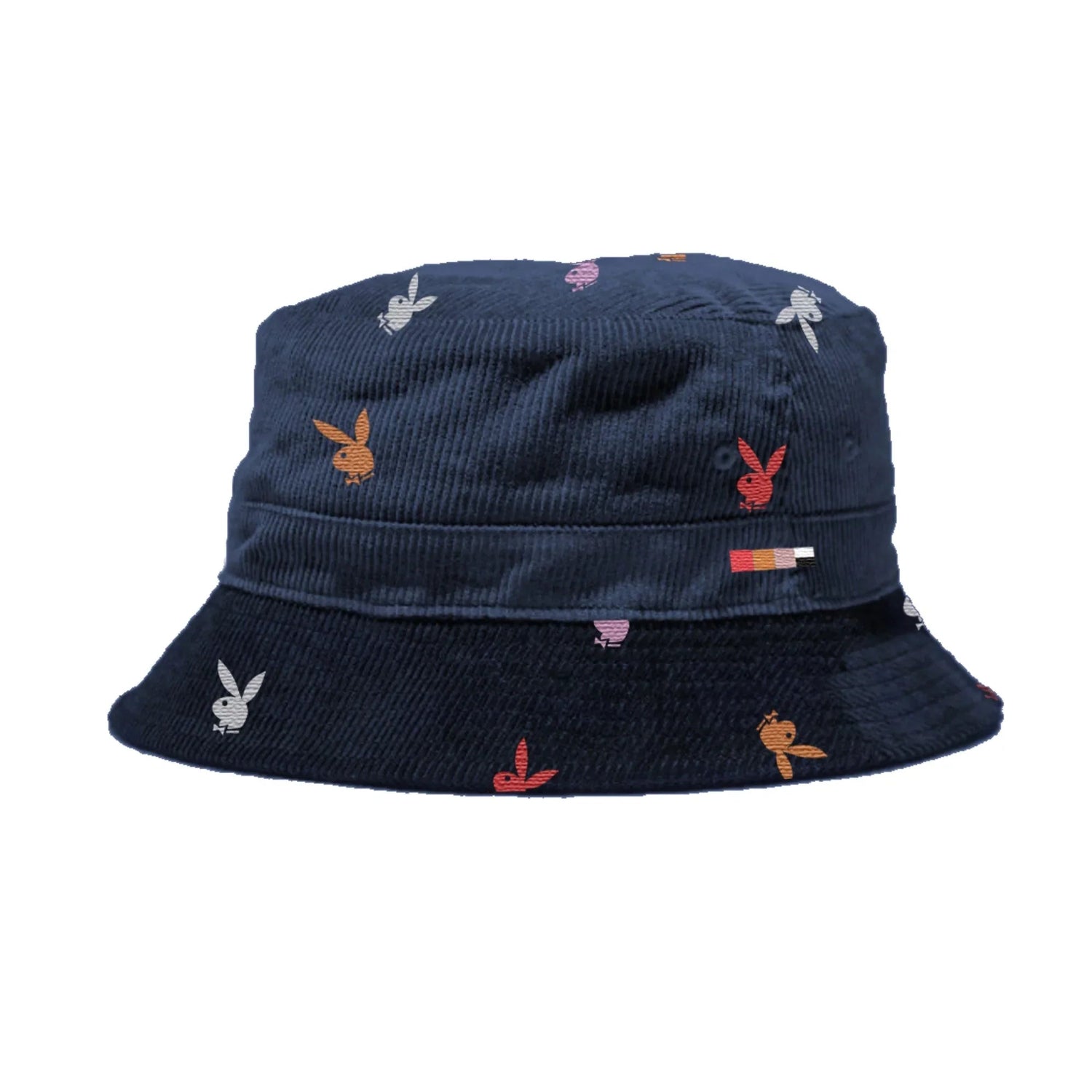 Navy corduroy bucket hat with multicolor embroidered bunny logos and small tag accent