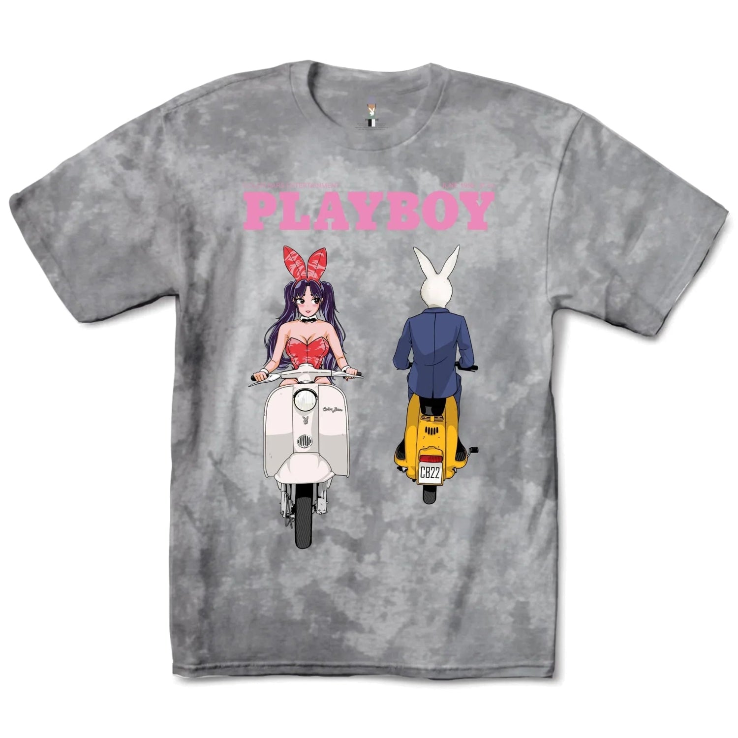 Gray tie-dye t-shirt featuring anime girl and rabbit character riding scooters with pink Playboy text.