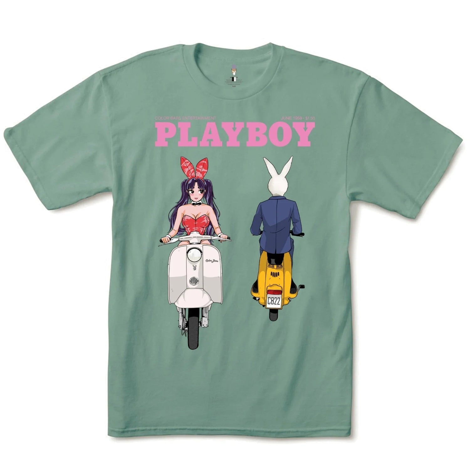 Mint green t-shirt with anime girl and bunny head character riding scooters, pink PLAYBOY text.