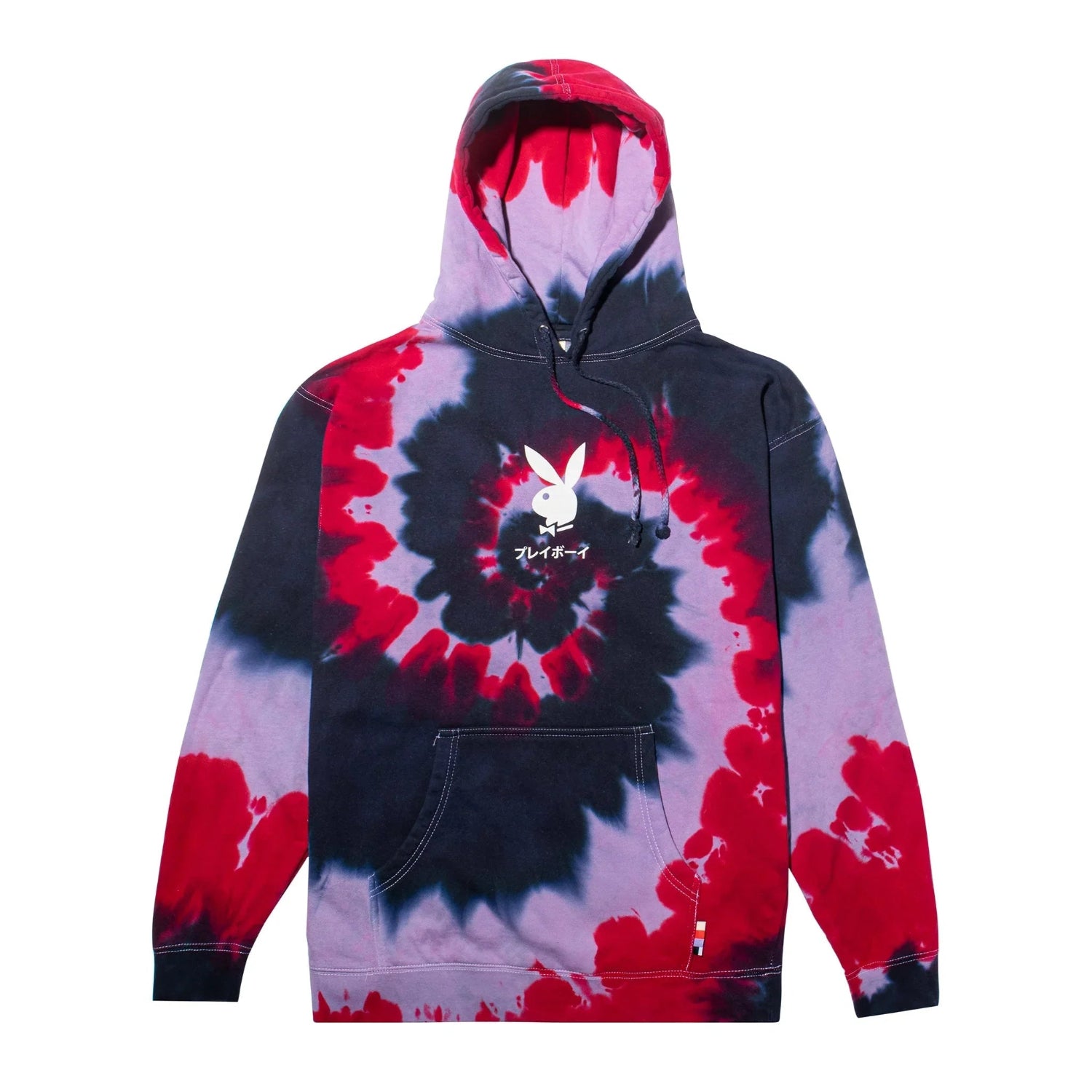 Tie-dye hoodie with red, black, and purple pattern, and white bunny logo on chest