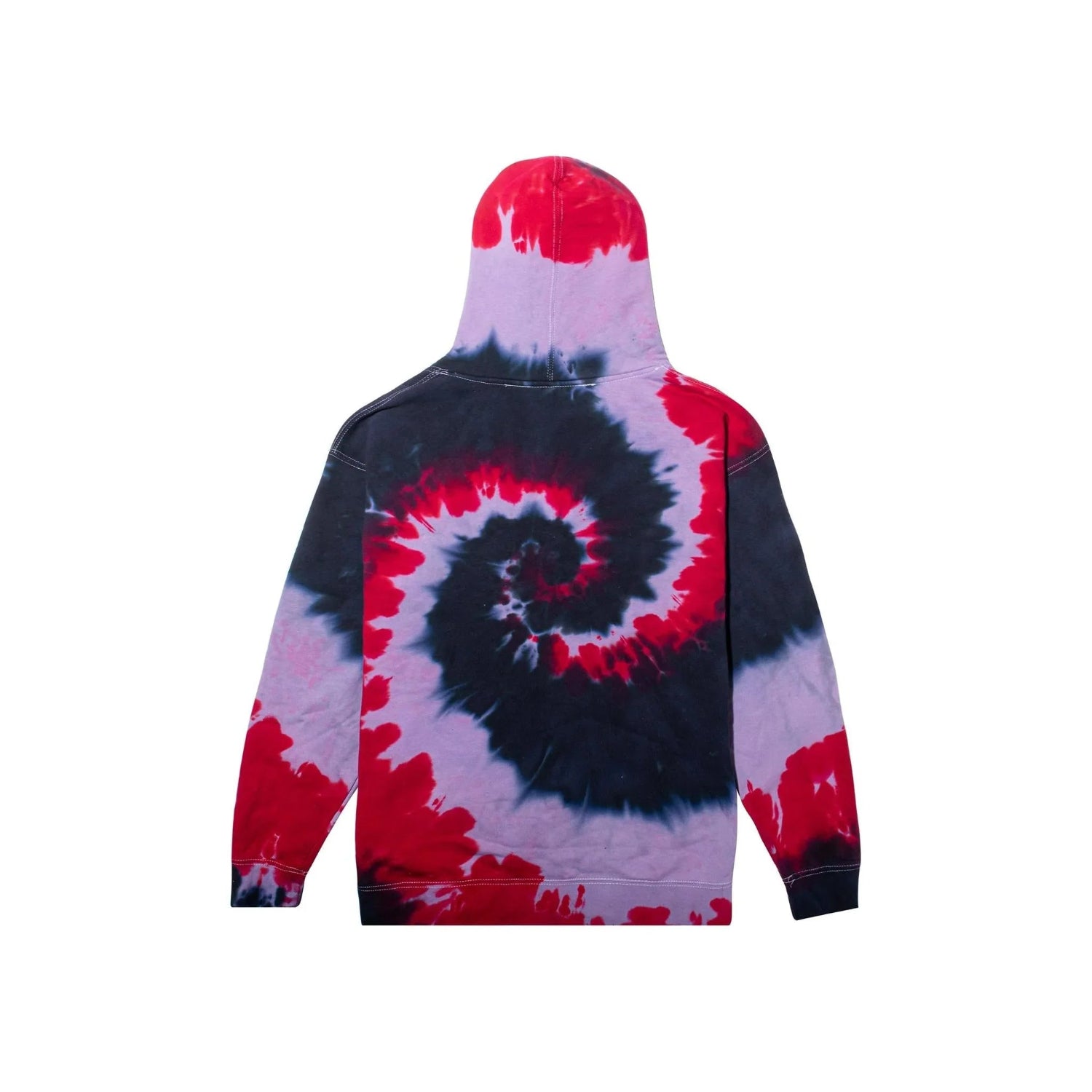 Back view of a tie-dye hoodie with red, black, and purple spiral pattern on white background