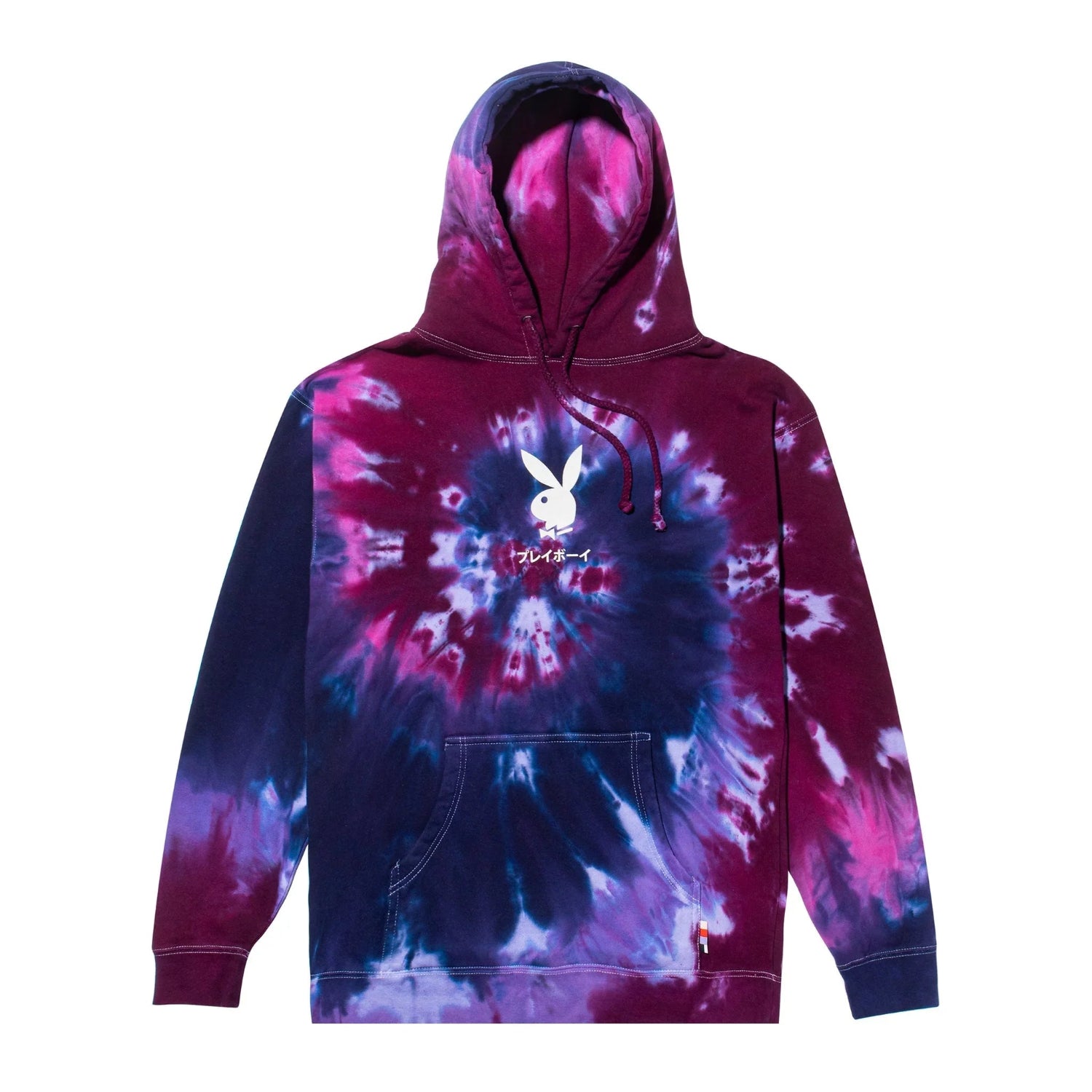 Purple and blue tie-dye hoodie with a white bunny logo and kangaroo pocket