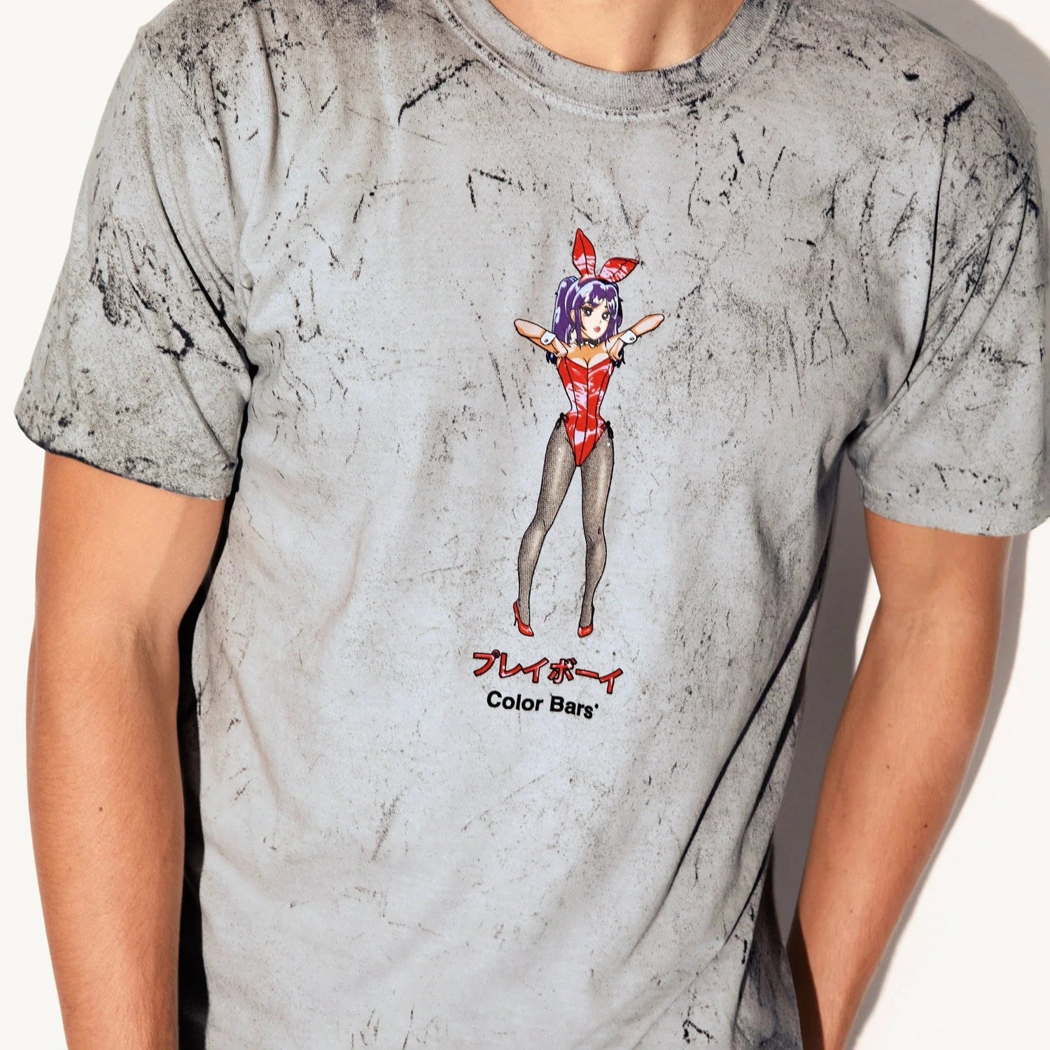 Gray marble-effect t-shirt with anime bunny girl graphic and Color Bars text on chest