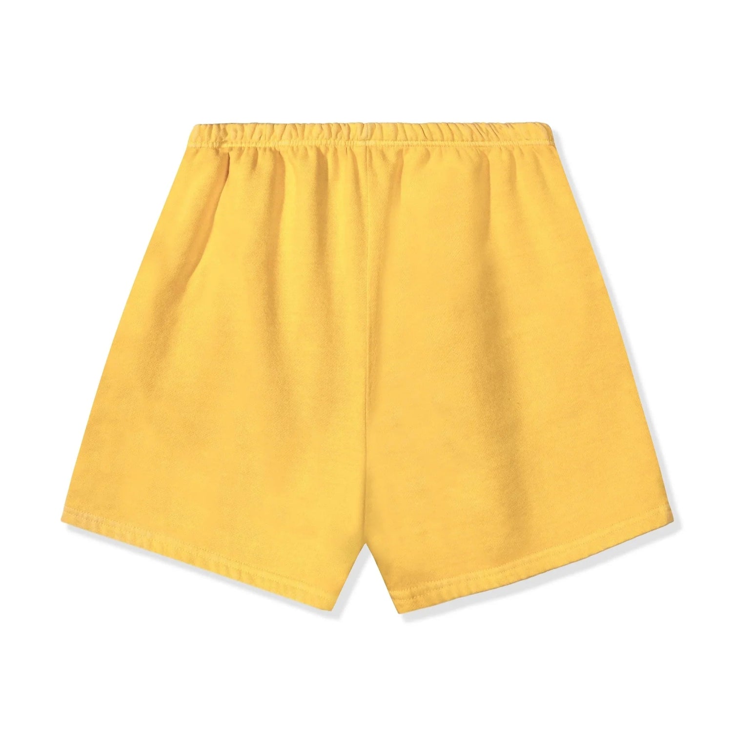 Yellow sweat shorts with elastic waistband on white background, casual loungewear apparel