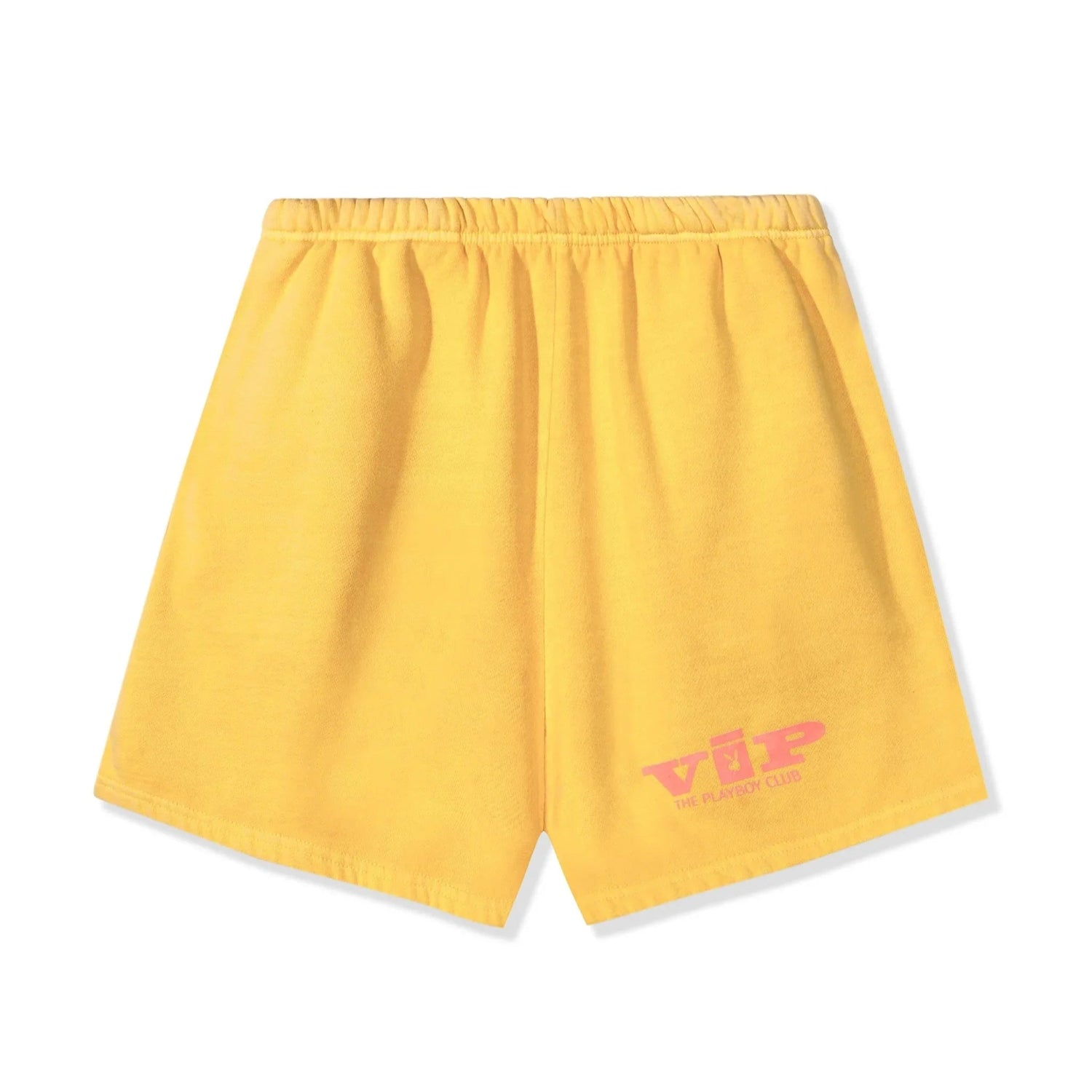 Yellow sweat shorts with elastic waistband and pink VIP The Playboy Club logo print
