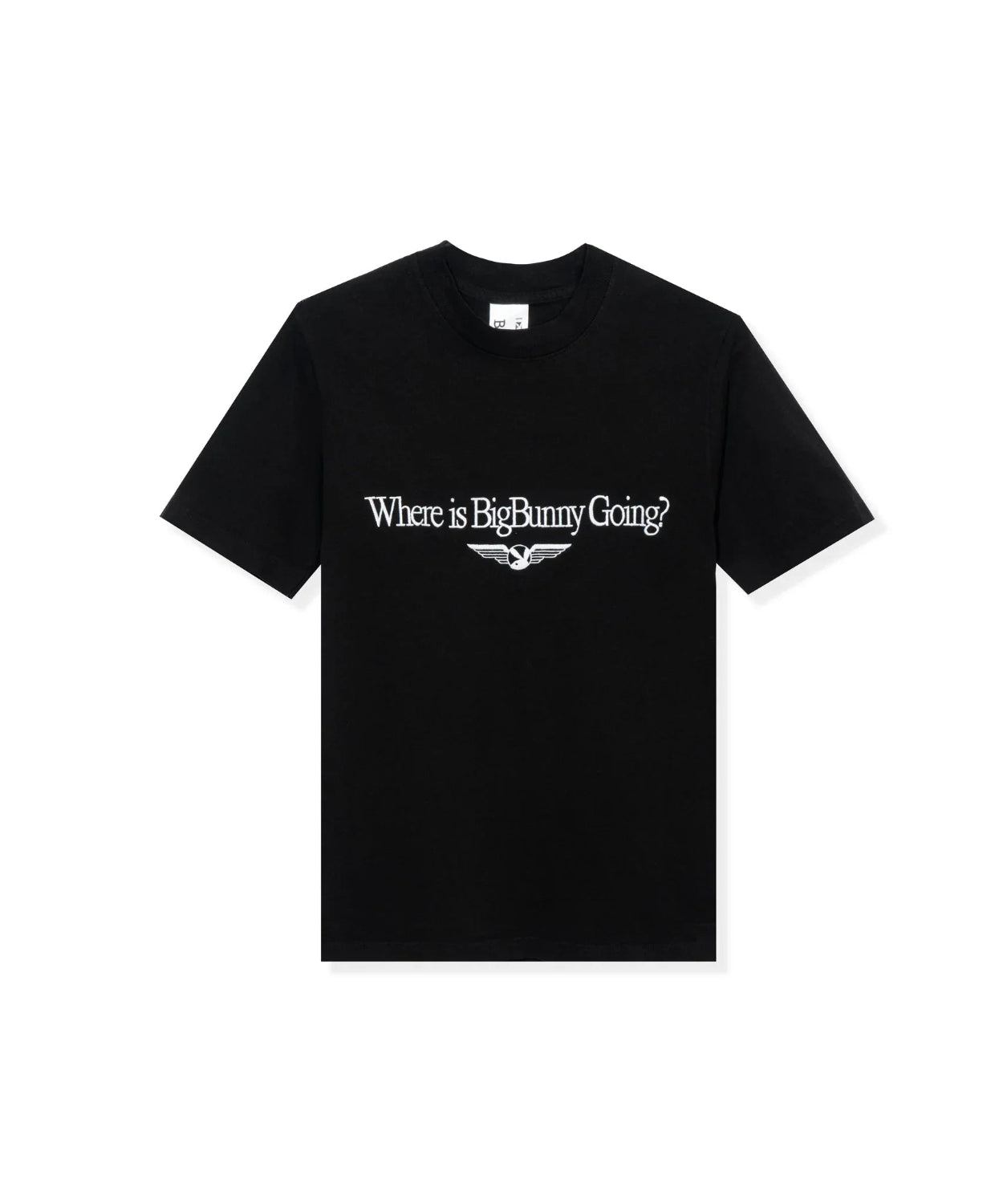 Black t-shirt with 'Where is Big Bunny Going?' text and winged bunny graphic on front