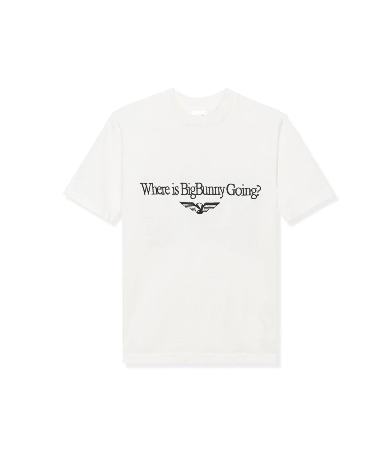 White graphic t-shirt with 'Where is BigBunny Going?' text and winged bunny logo on chest.