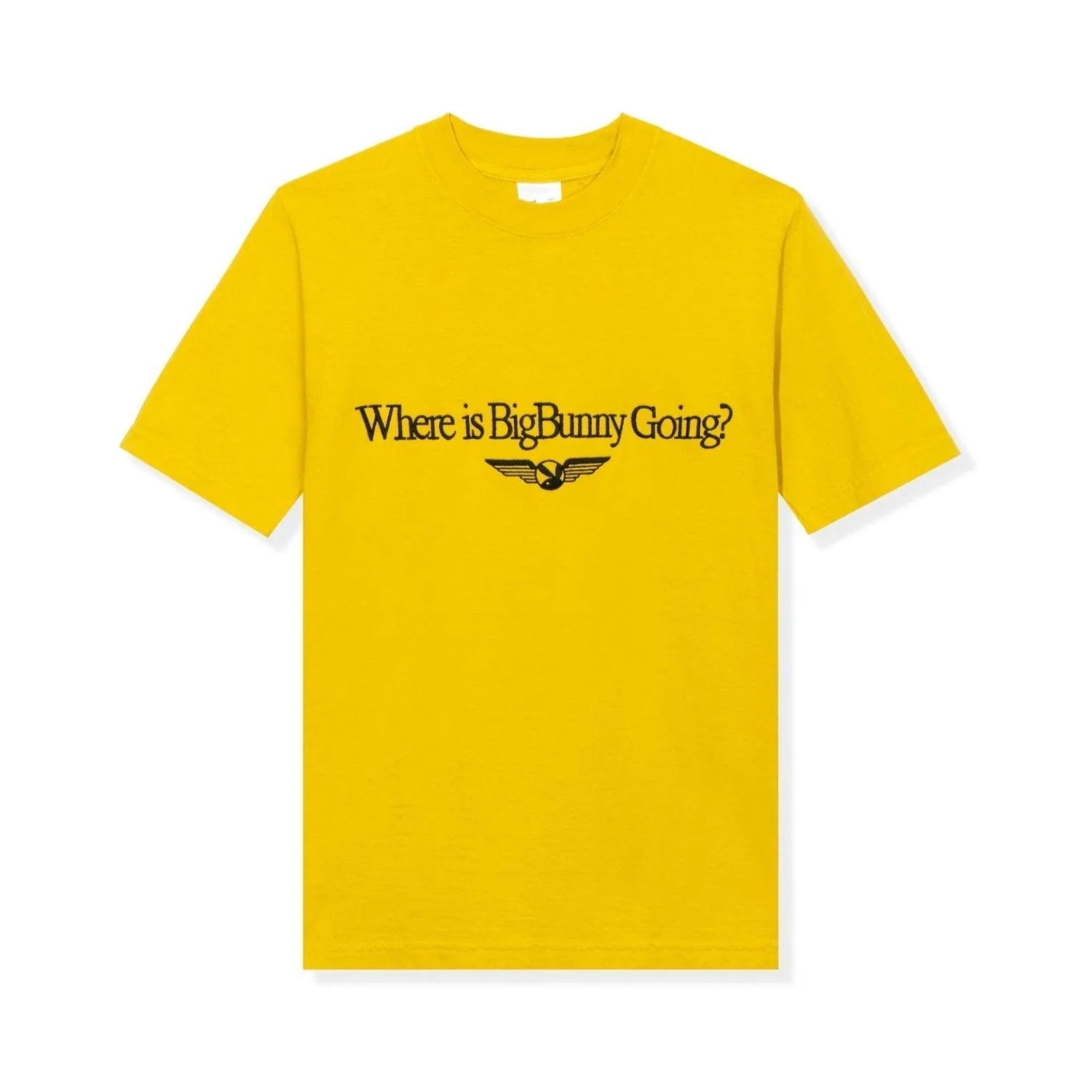 Yellow graphic tee with 'Where is BigBunny Going?' text and winged logo on front