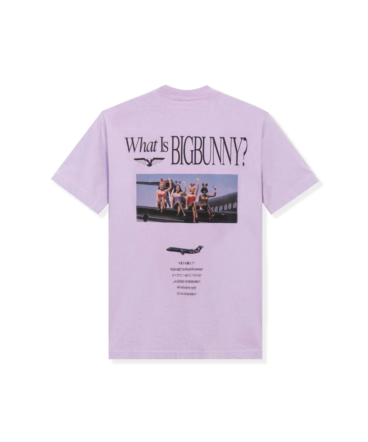 Lavender graphic t-shirt with 'What Is BIGBUNNY?' text, vintage plane photo, and models.