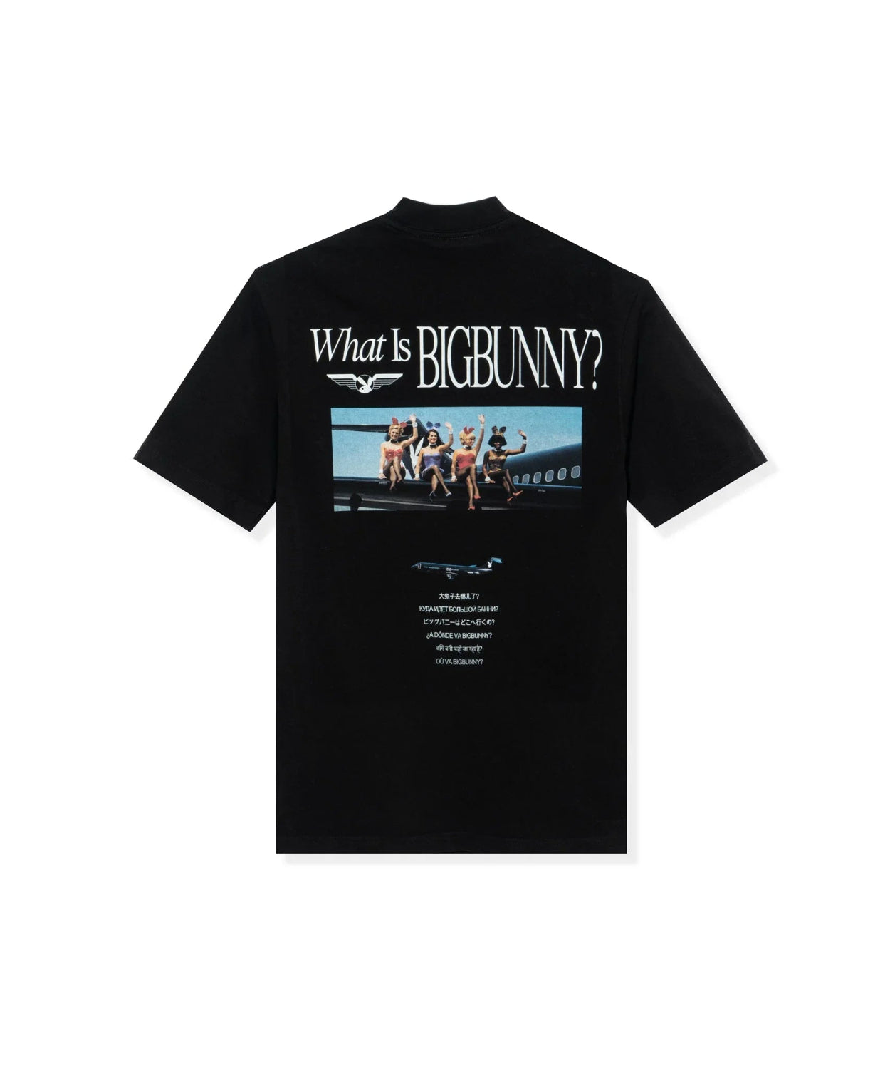 Black graphic t-shirt with 'What Is BigBunny?' text, group of women near airplane, back view.
