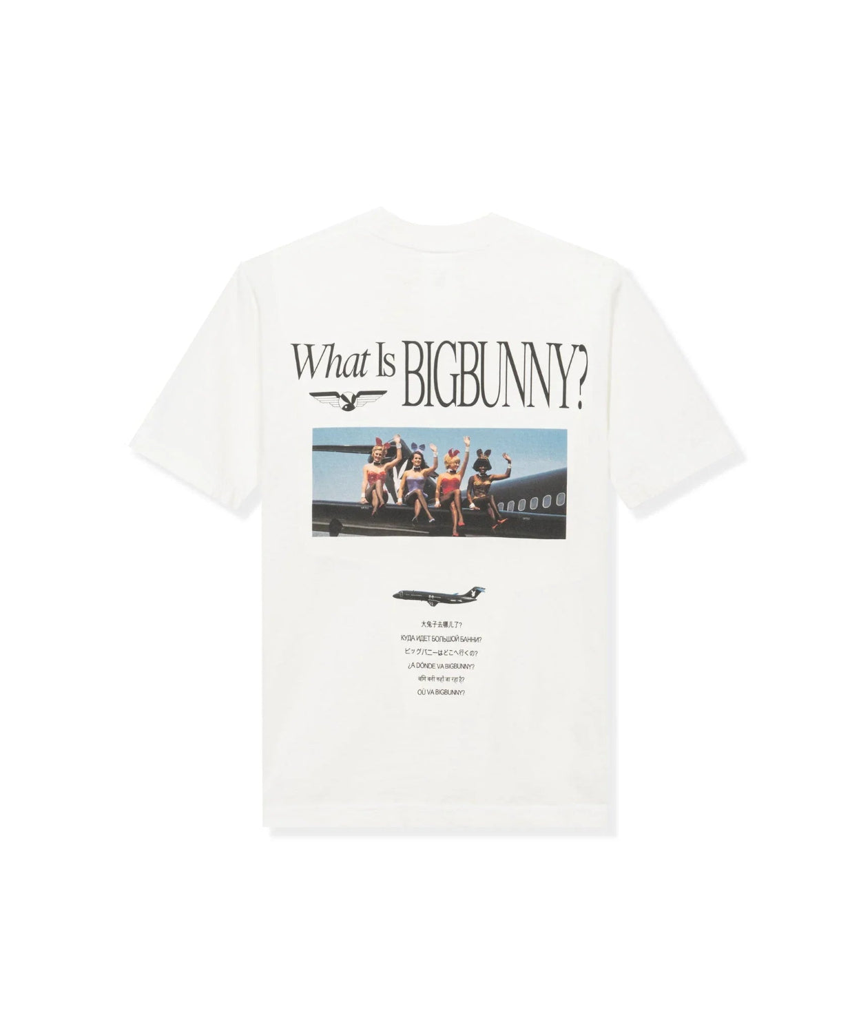 White graphic t-shirt with 'What Is BIGBUNNY?' text, group photo on plane, and jet illustration.
