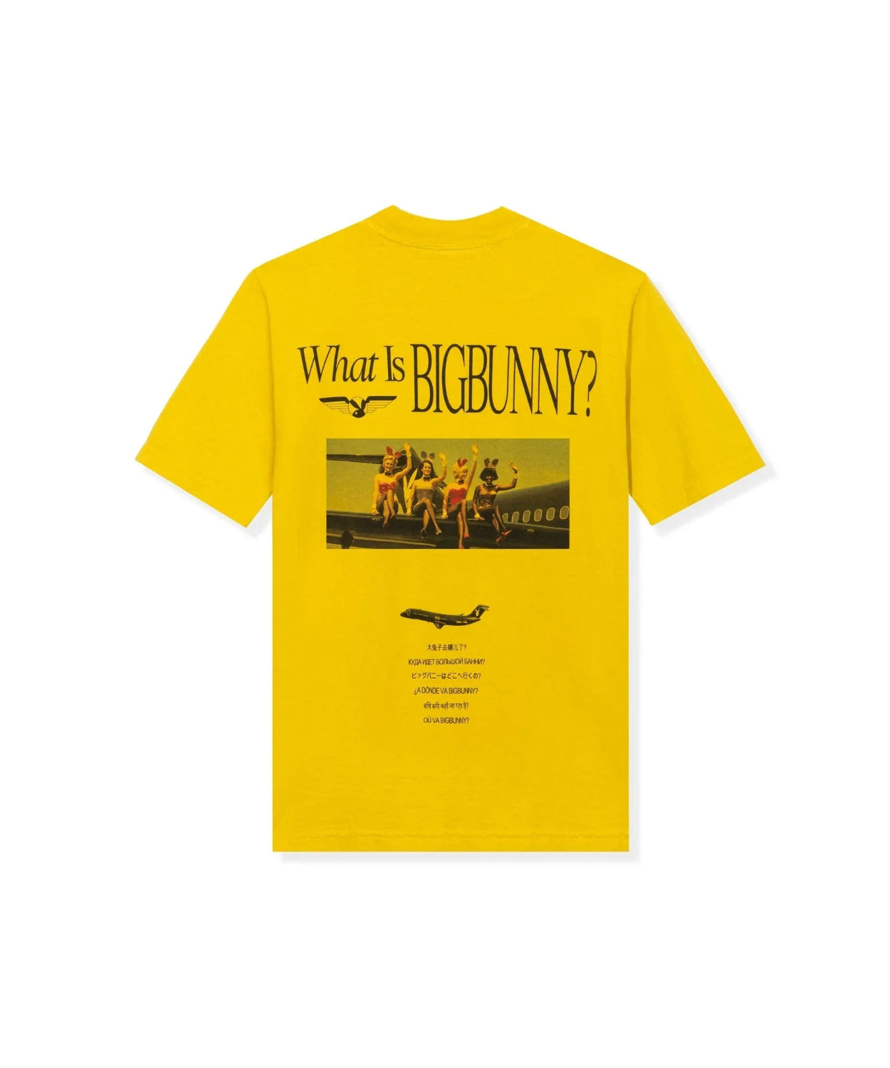 Yellow graphic t-shirt with 'What Is BIGBUNNY?' text and vintage airplane scene on back.