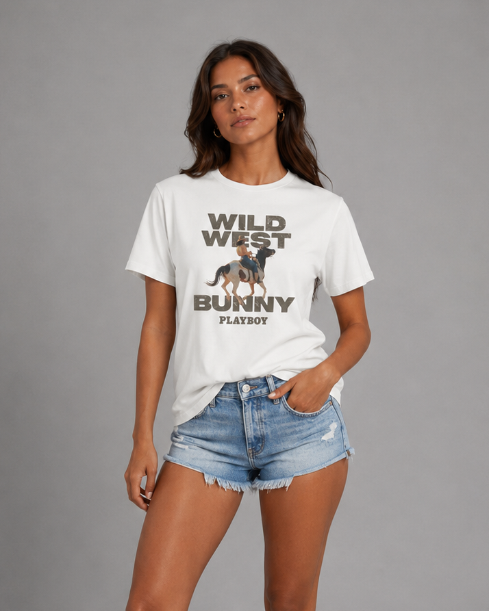 A woman modeling a white graphic t-shirt with 'WILD WEST BUNNY' and a rabbit print, paired with denim shorts, white socks, and white sneakers, against a gray studio background.