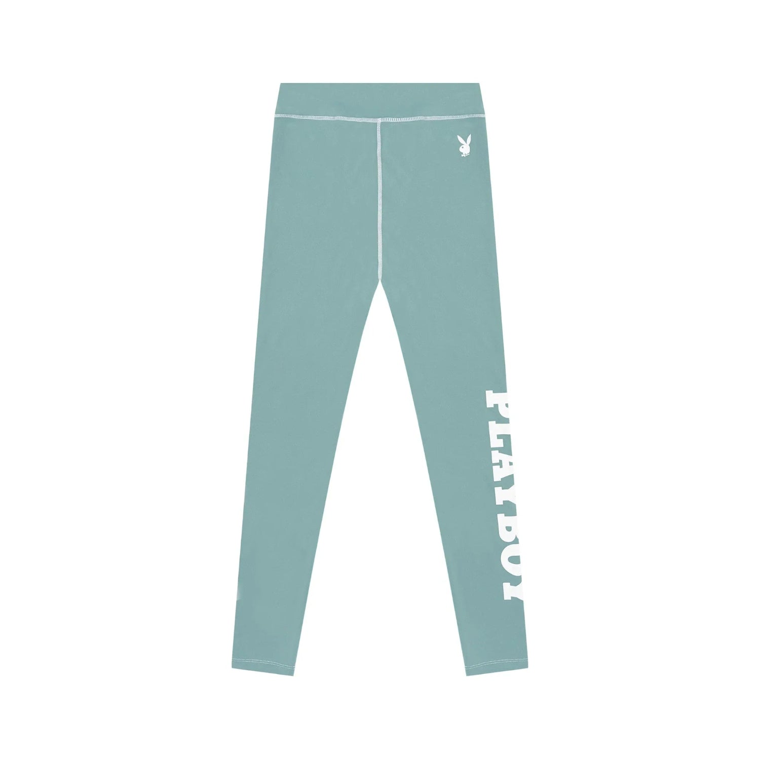 Women's teal active leggings with bold white logo text and bunny icon on waistband