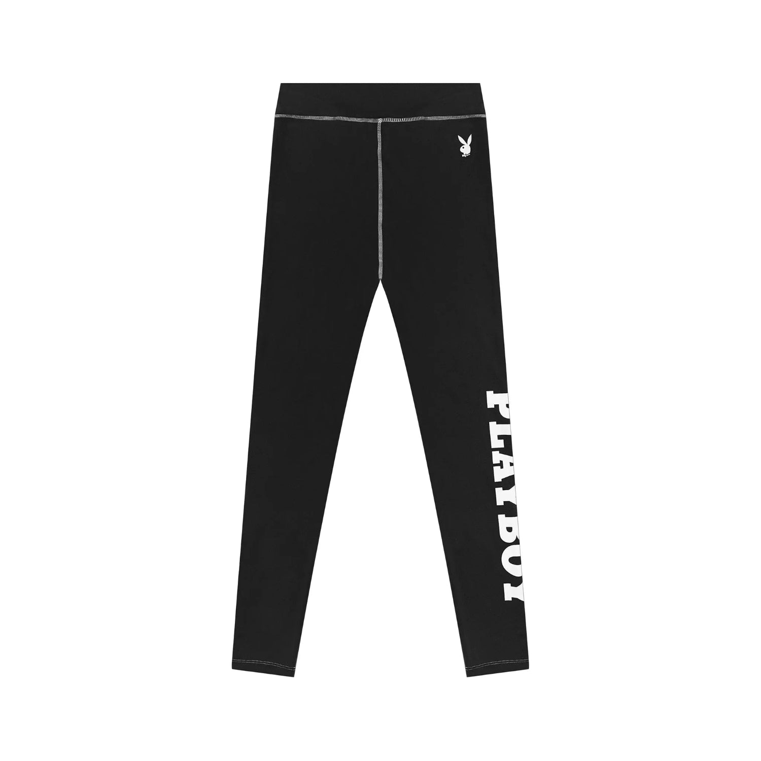 Black women's active leggings with white logo print on the leg and small bunny emblem on hip