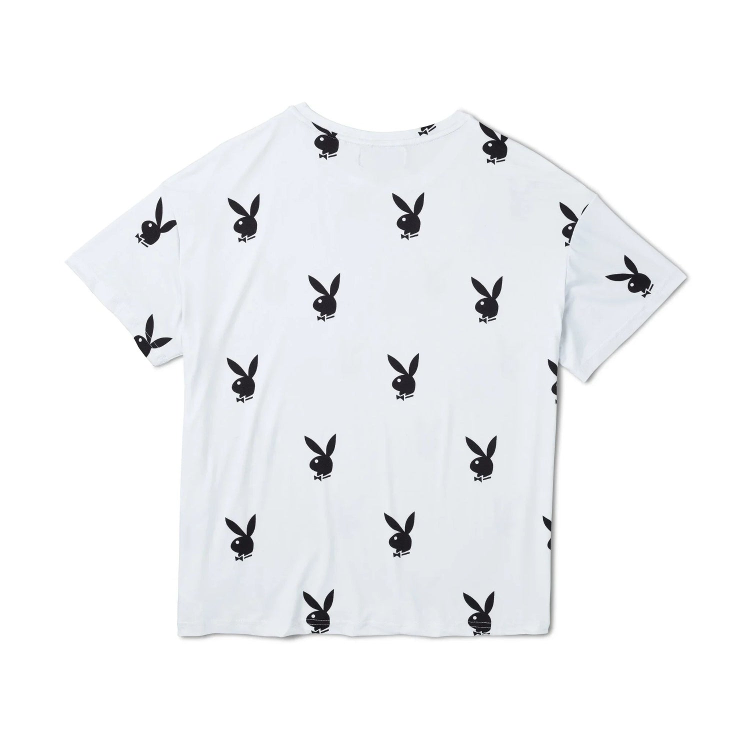 White women's t-shirt with all-over black bunny head print pattern, short sleeves