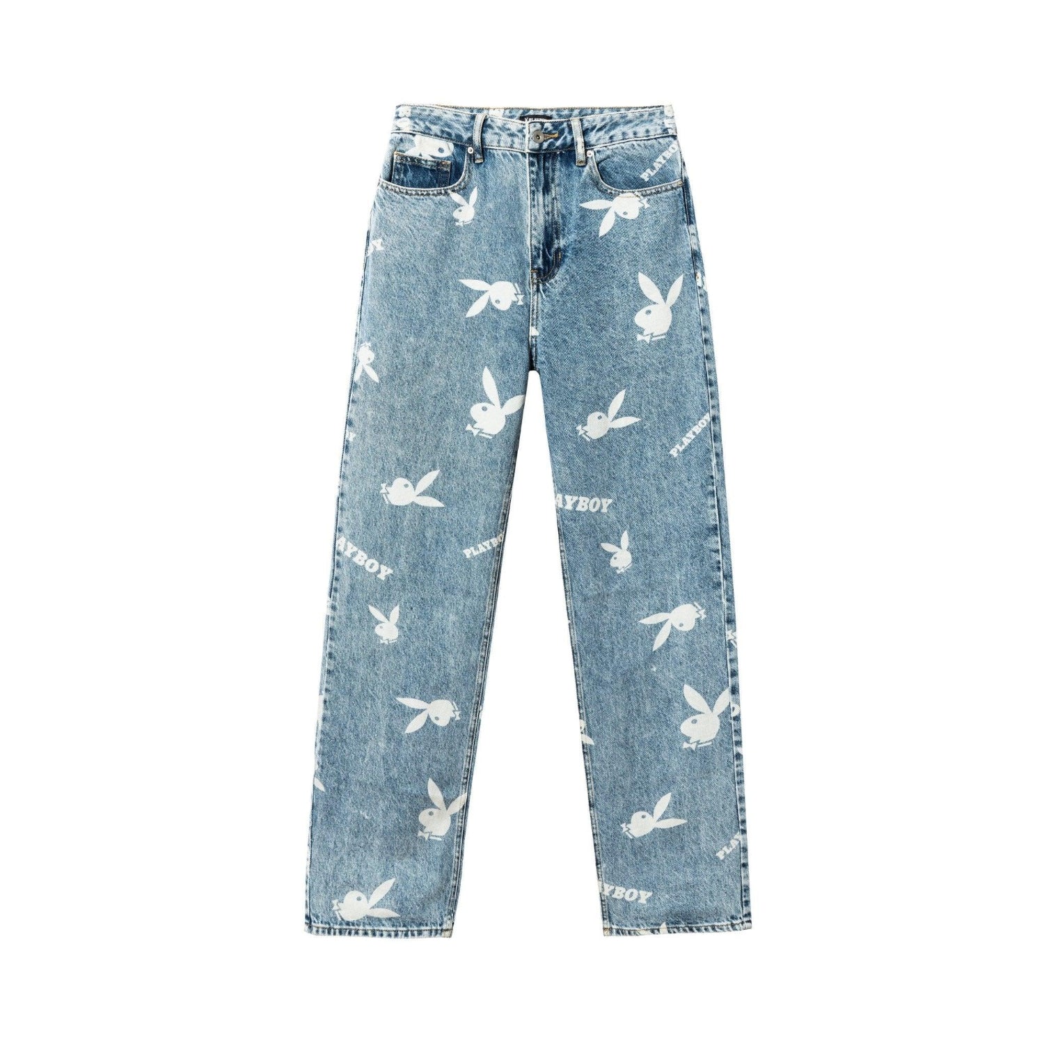 Women's blue denim pants with all-over white bunny and logo print, straight leg style