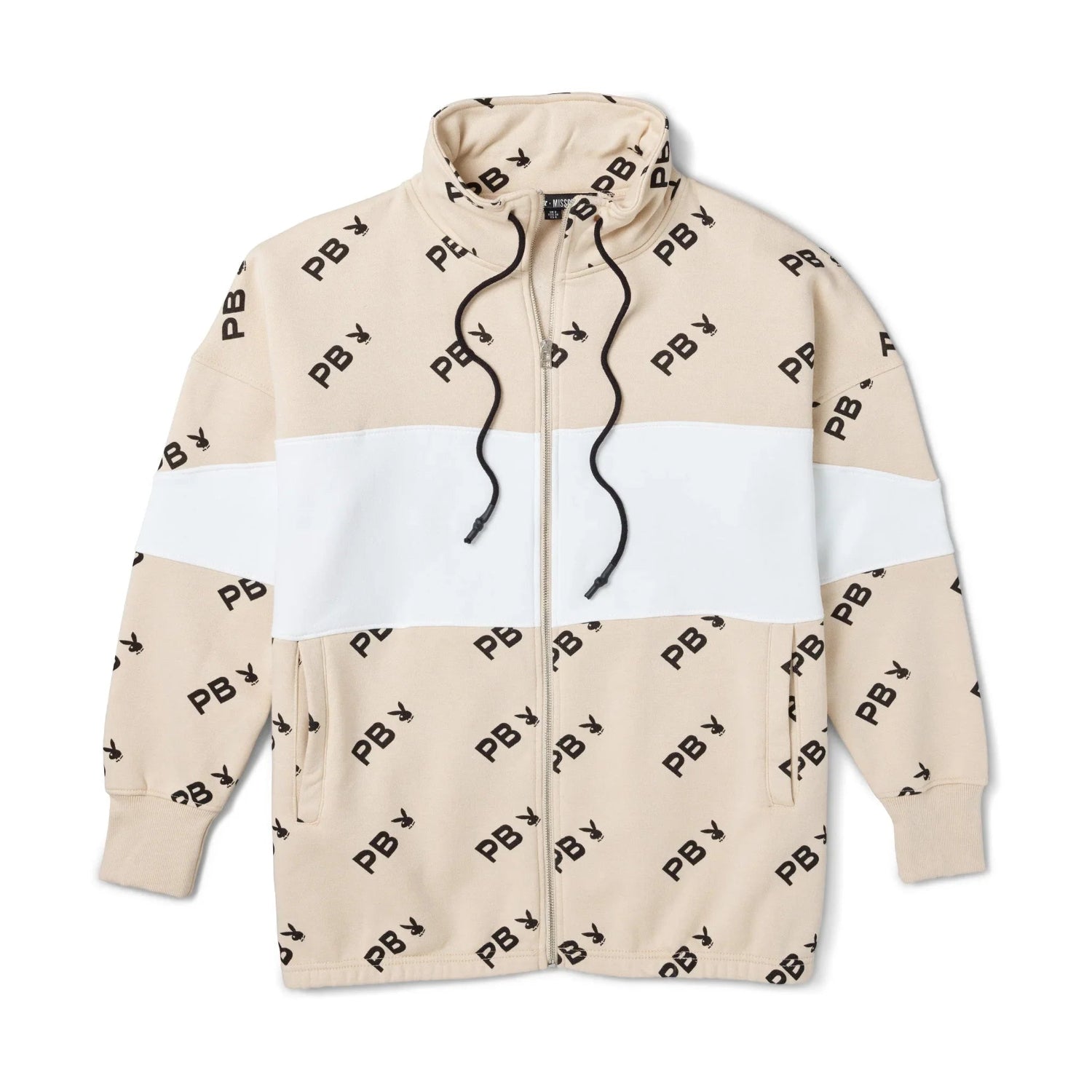 Beige women's zip sweatshirt with white color block and PB all-over print pattern