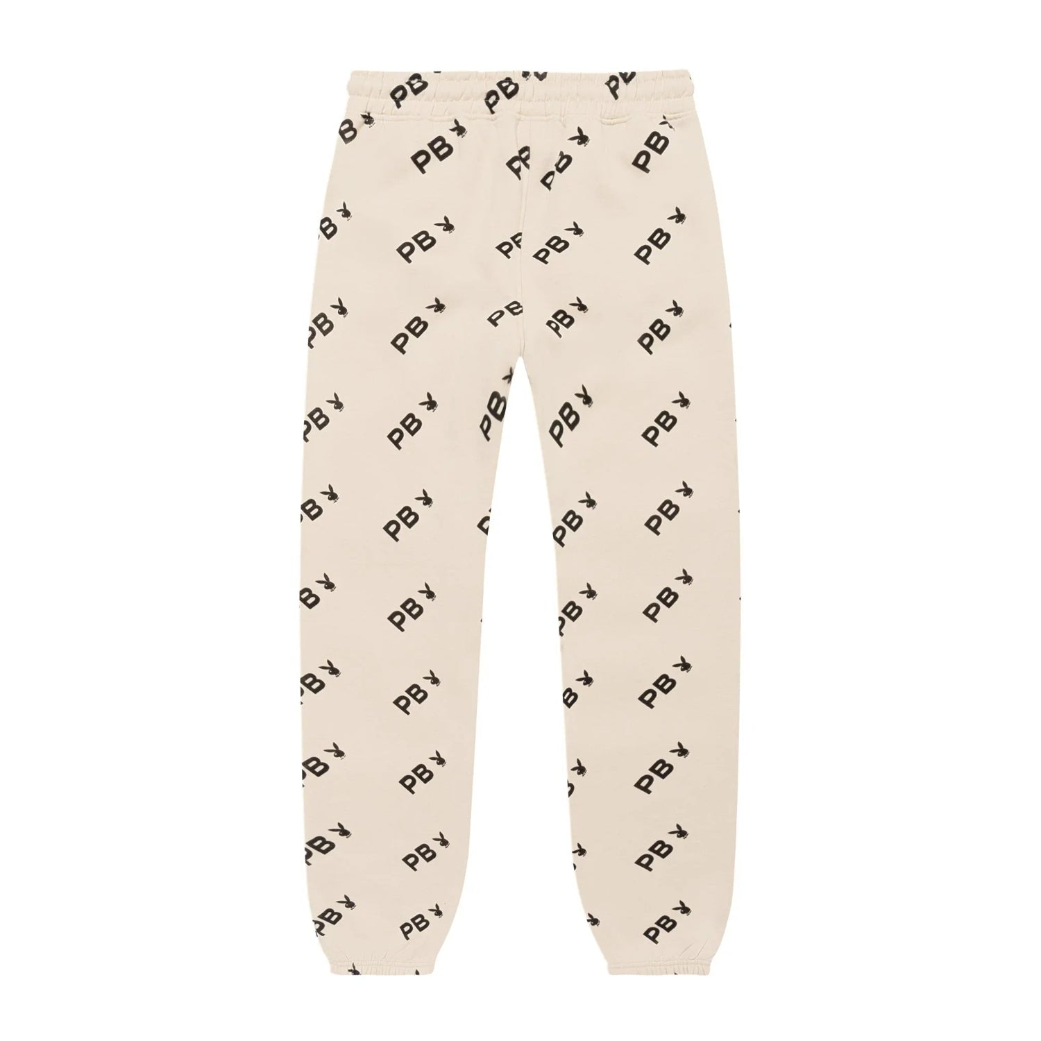 Beige women’s joggers with all-over black PB and bunny logo print, elastic waistband and cuffs