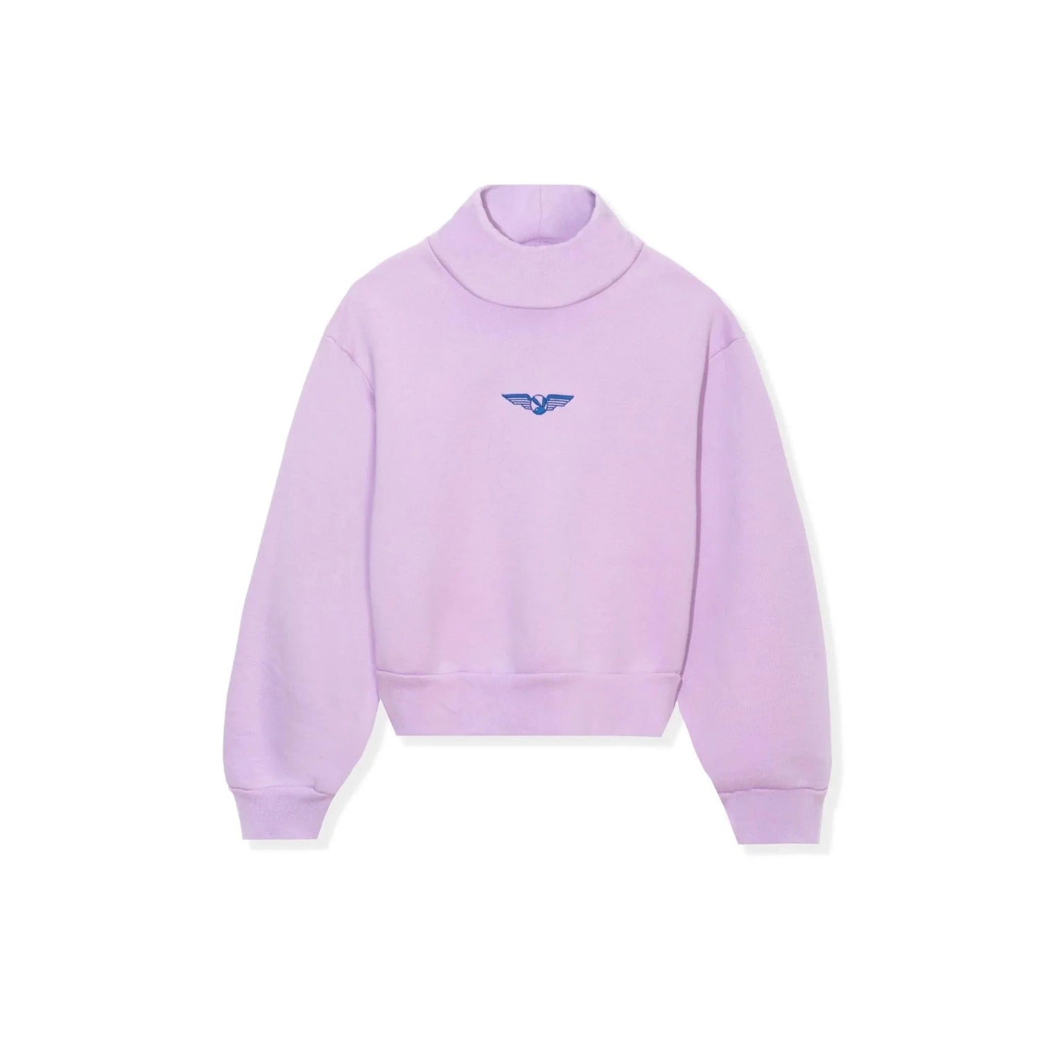 Lavender women's high-neck cropped sweatshirt with blue aviation wings emblem