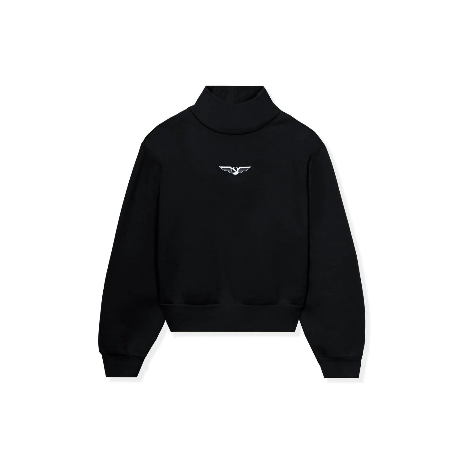 Black women's high neck cropped sweatshirt with aviation wings logo on chest