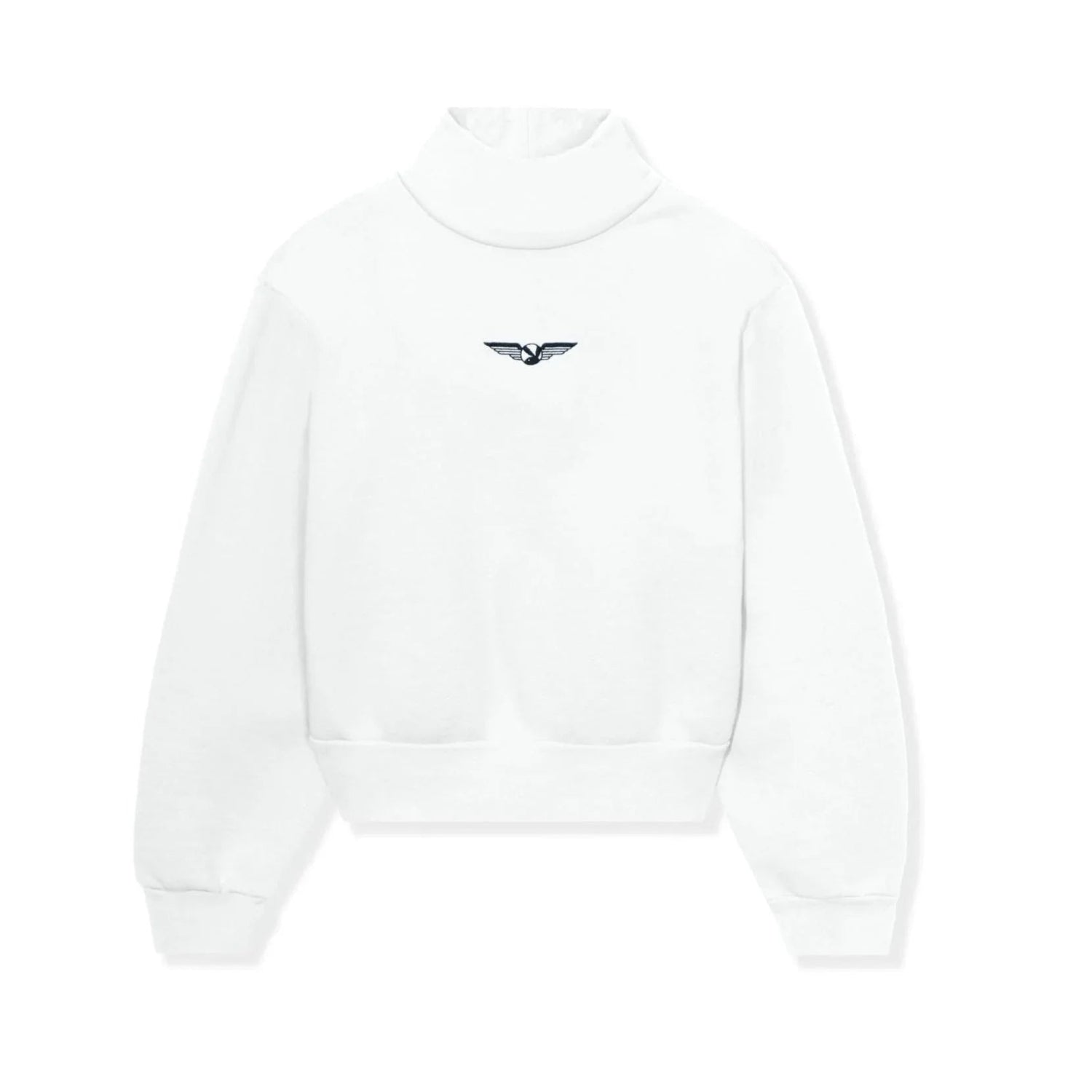 White women's high neck cropped sweatshirt with black aviation wings emblem