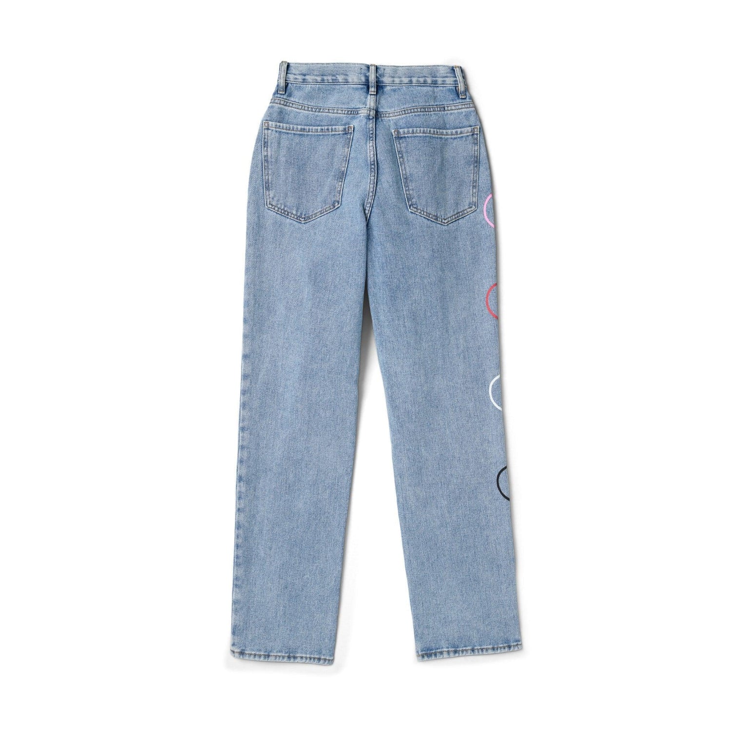 Women's baggy light wash denim pants with heart and bunny outlines on back leg