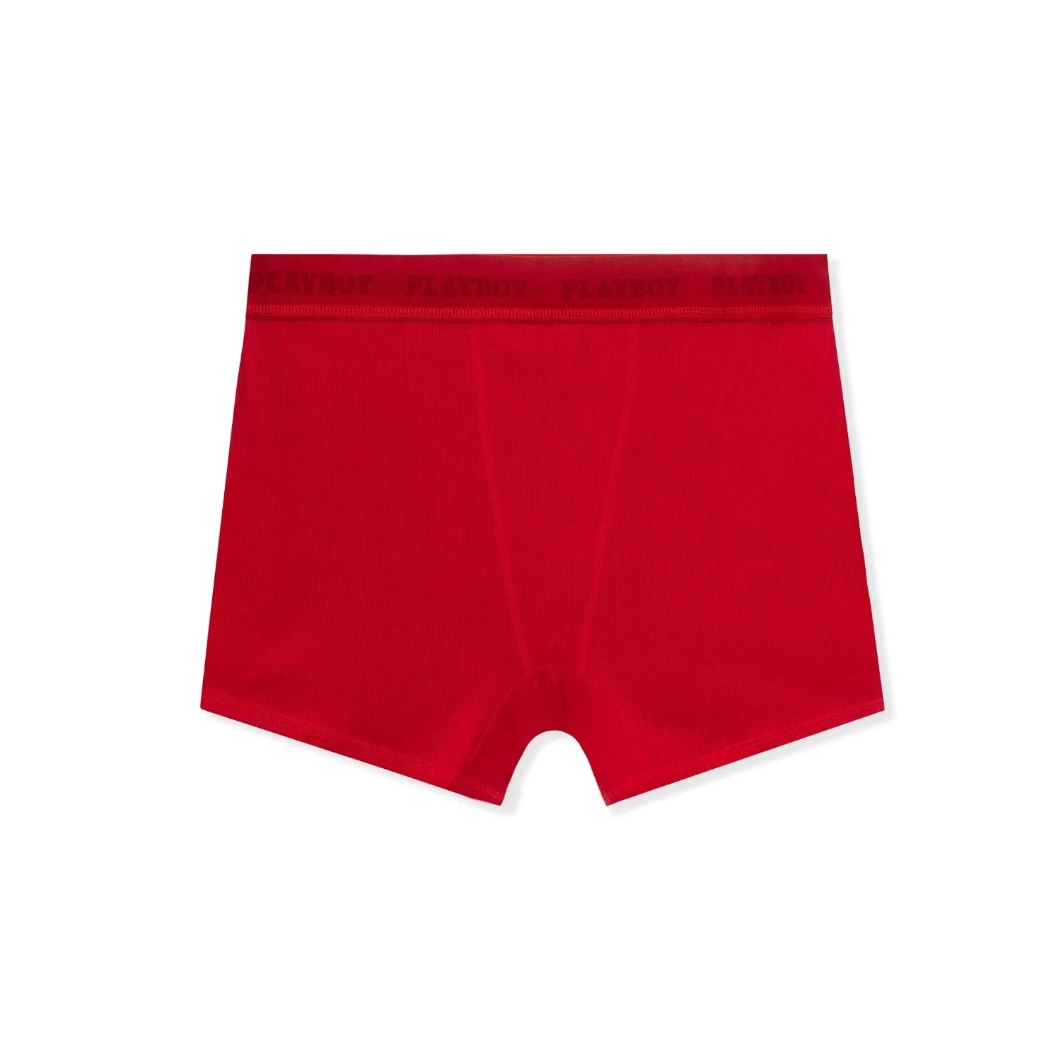 Red women's boxer brief panty with logo waistband on white background